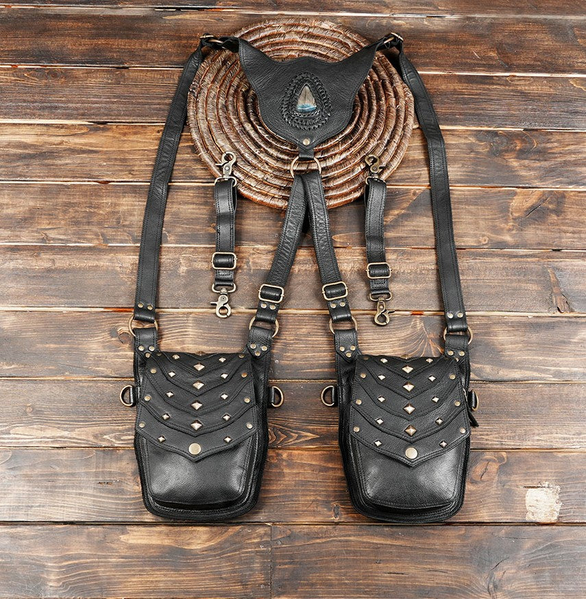 Handmade black leather shoulder holster bag with gemstone