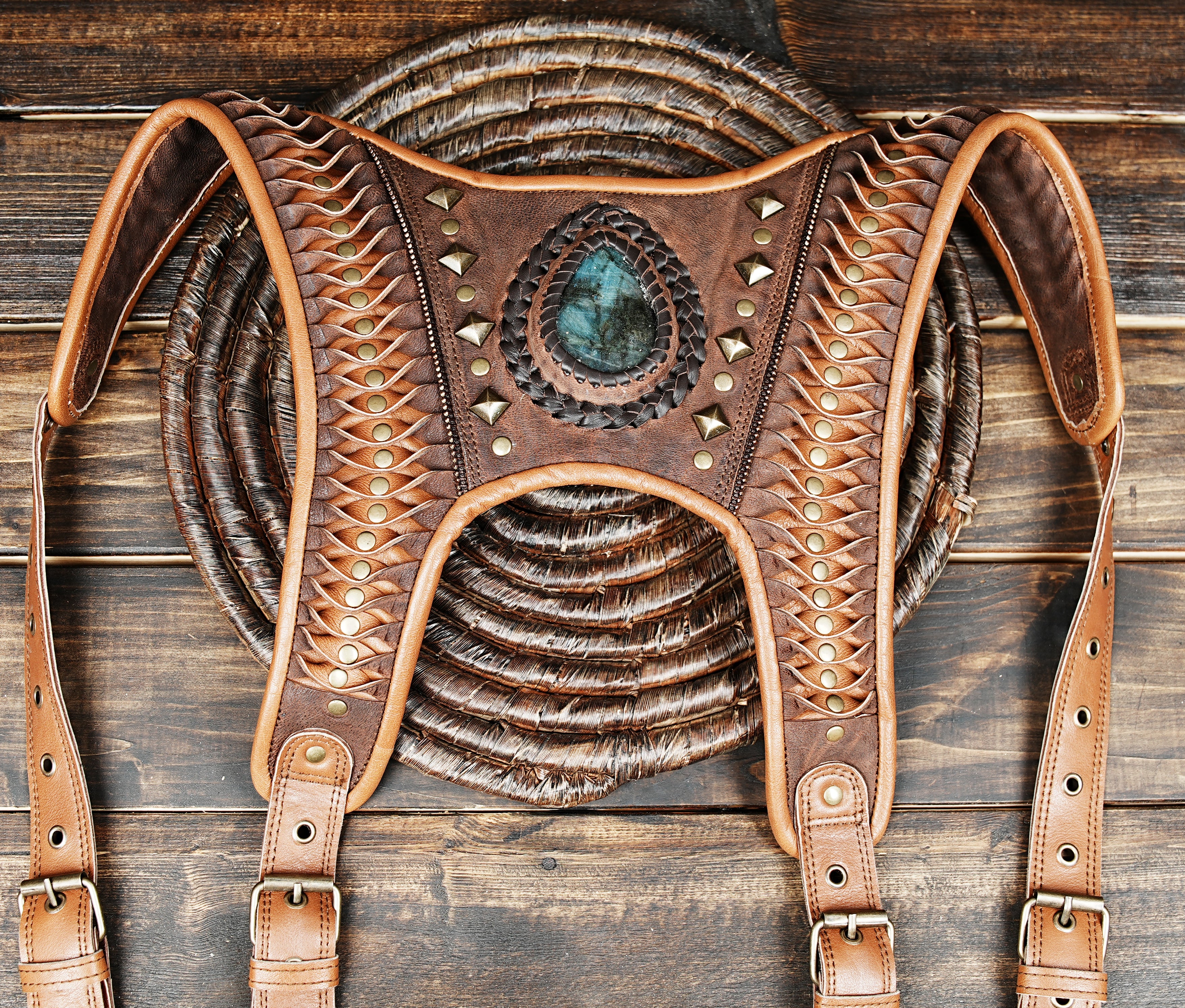 wearable leather harness holster bag on mannequin torso