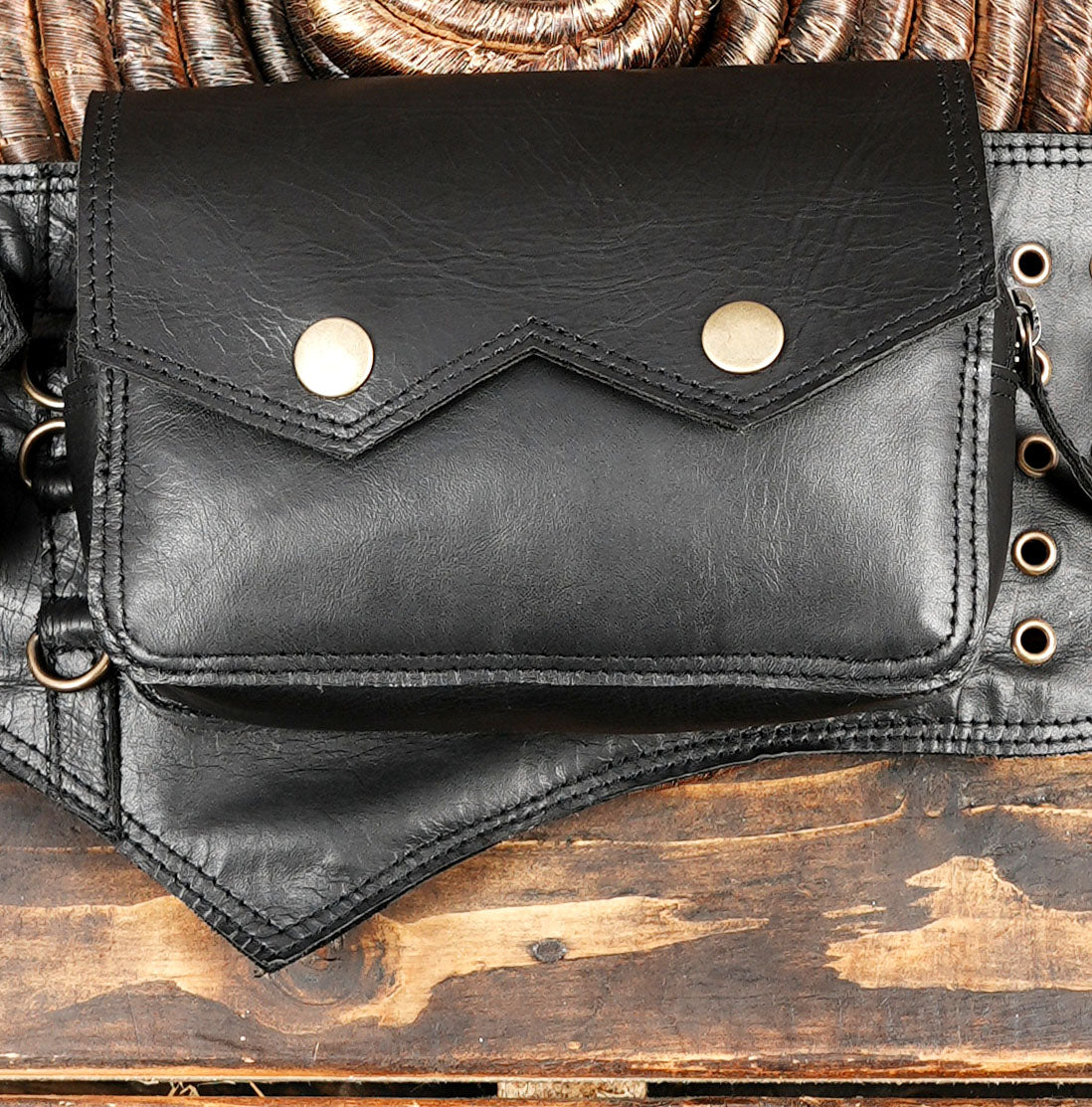 Leather Fanny Pack with Multiple Zippered Pockets, Adjustable Waist Belt, Black color with magnet button 