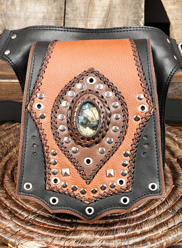 Handmade Leather Waist Belt with Gemstone – Festival Gothic Hip Pouch