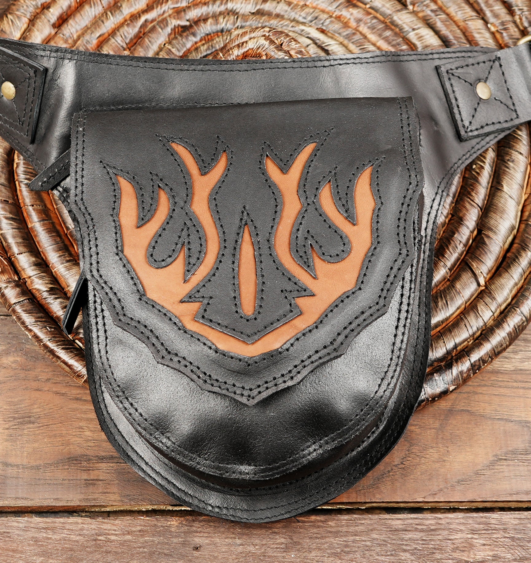 Black leather fringed studded fanny pack