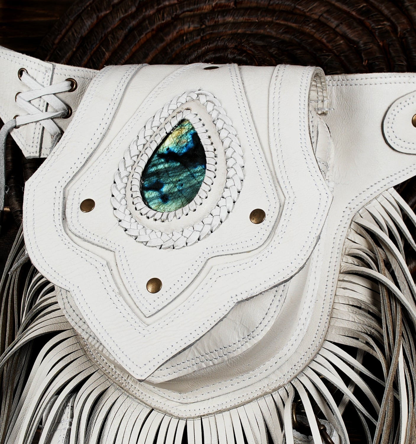 White boho leather belt pouch with natural labradorite stone detail