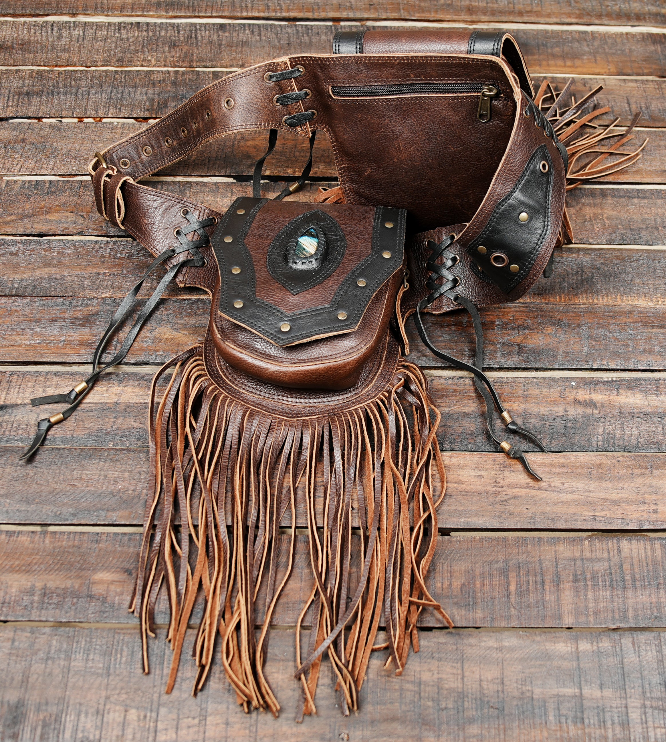 Brown Leather Waist Belt with Fringe Pouches – Burning Man & Renaissance Fair Accessory