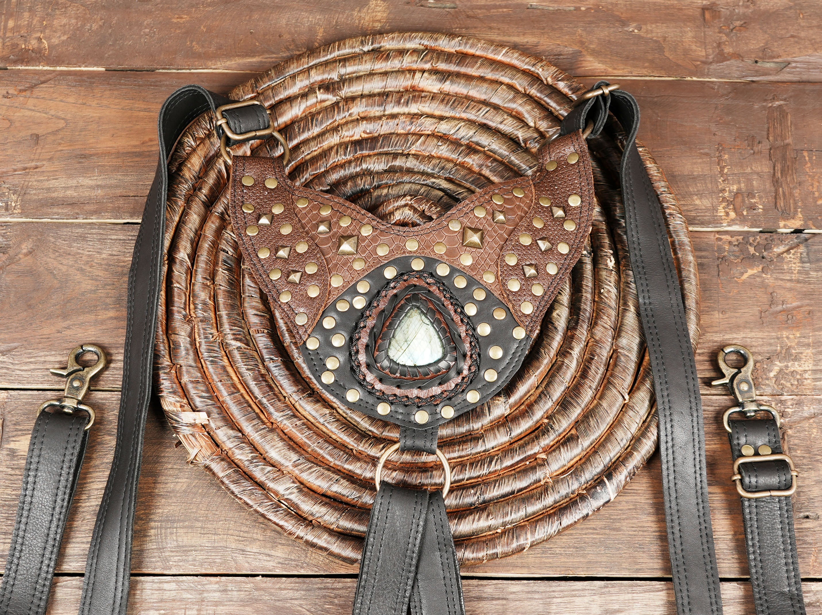 Handcrafted Black Leather holster Bag with Gemstone Accents