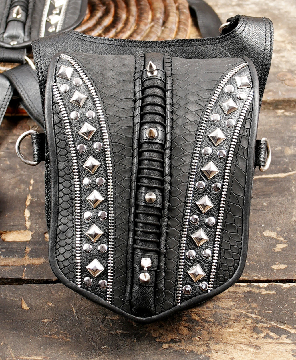 Adjustable dual-strap leather holster bag front view