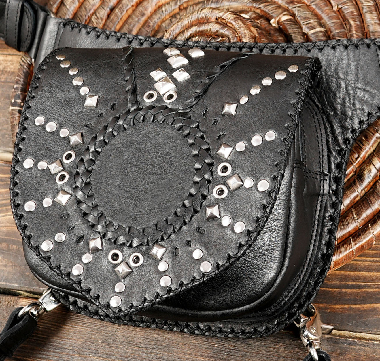 Black Studded Faux Leather Waist Bag Fanny Pack Money Bum Bag Hip Belt with steel silver  