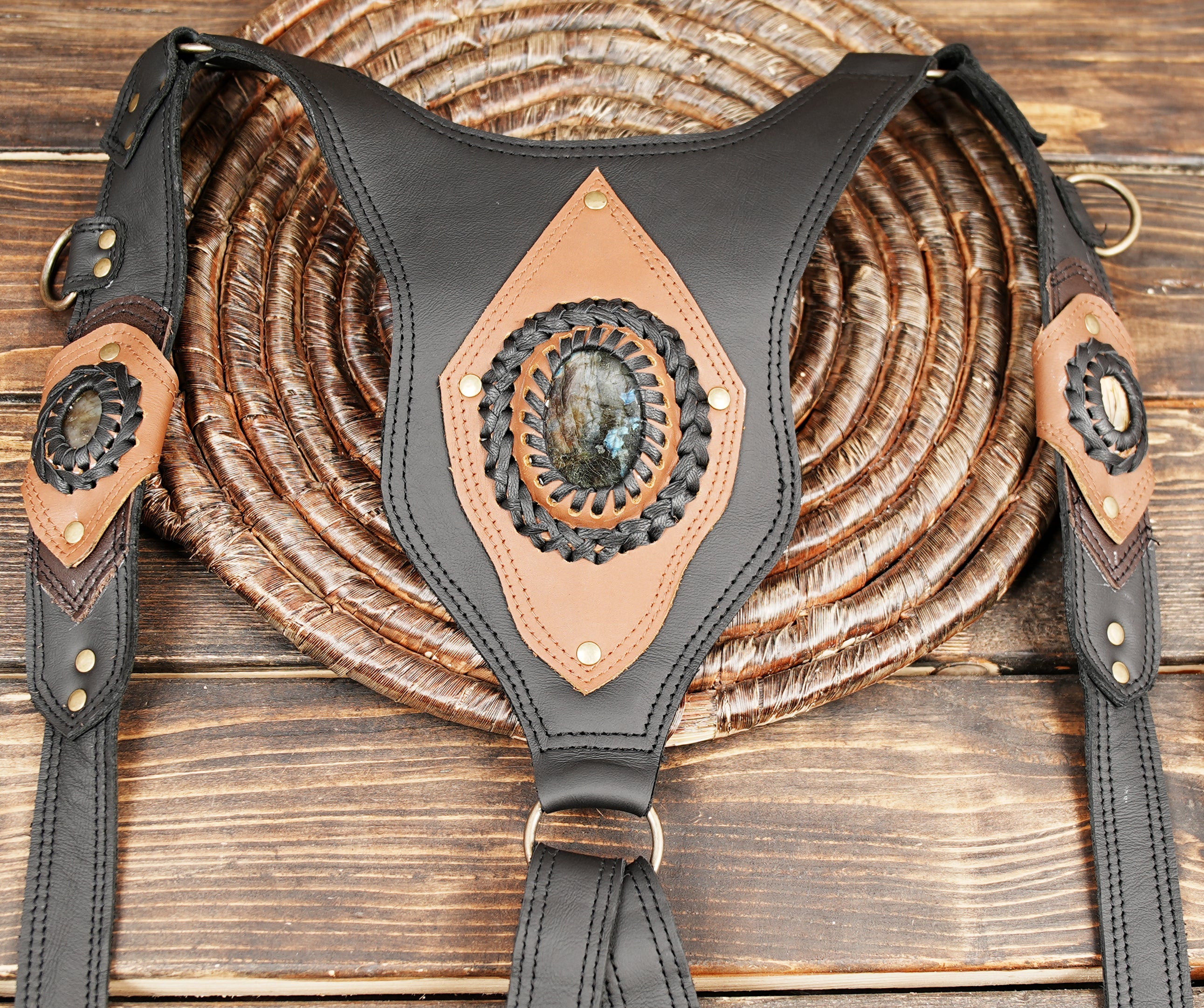 Handcrafted Leather Utility Holster , Unisex Travel Bag with Stone Accent, Black Leather Shoulder Holster burning man, for unisex.