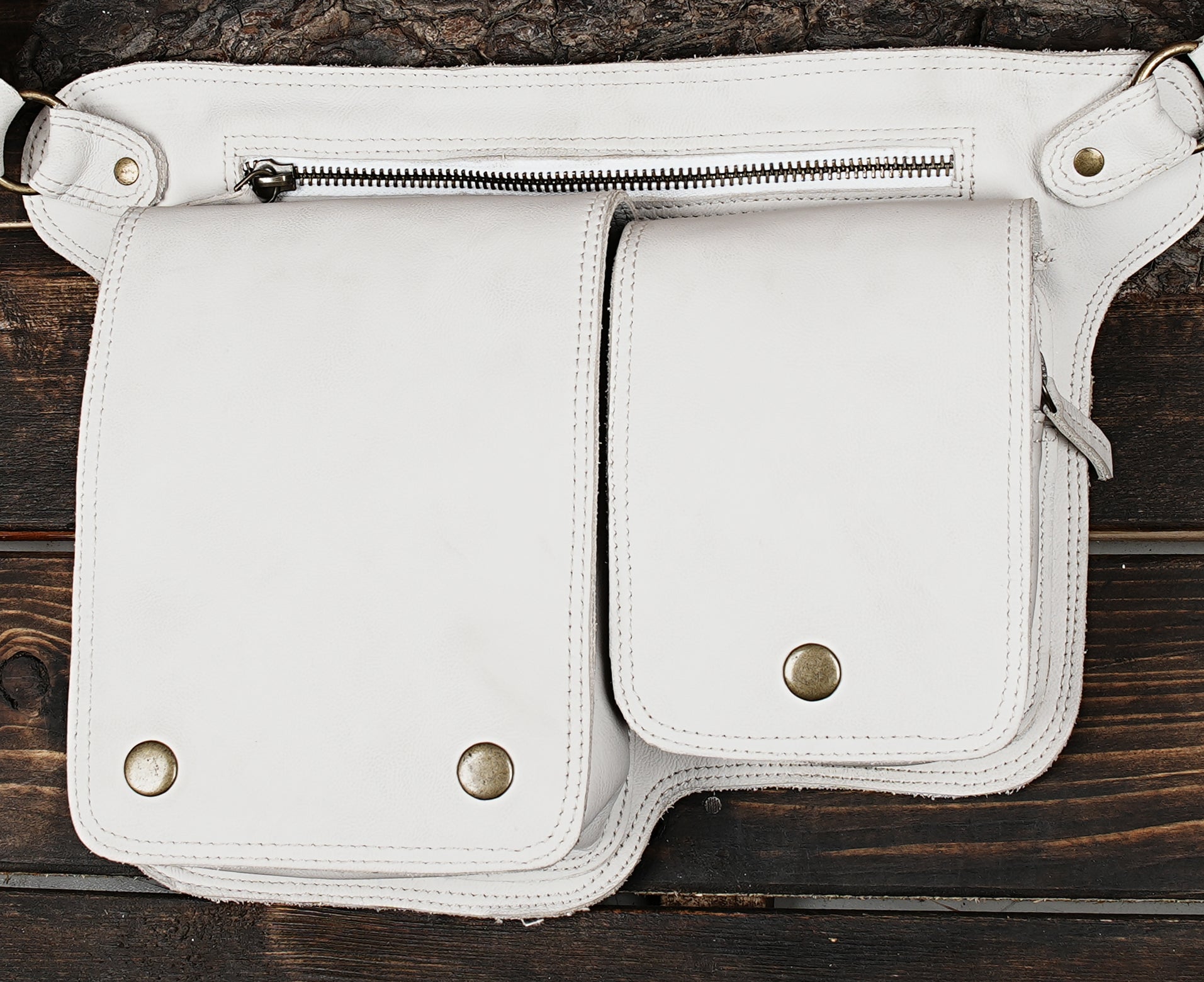Dual pocket white leather hip bag for men and women
