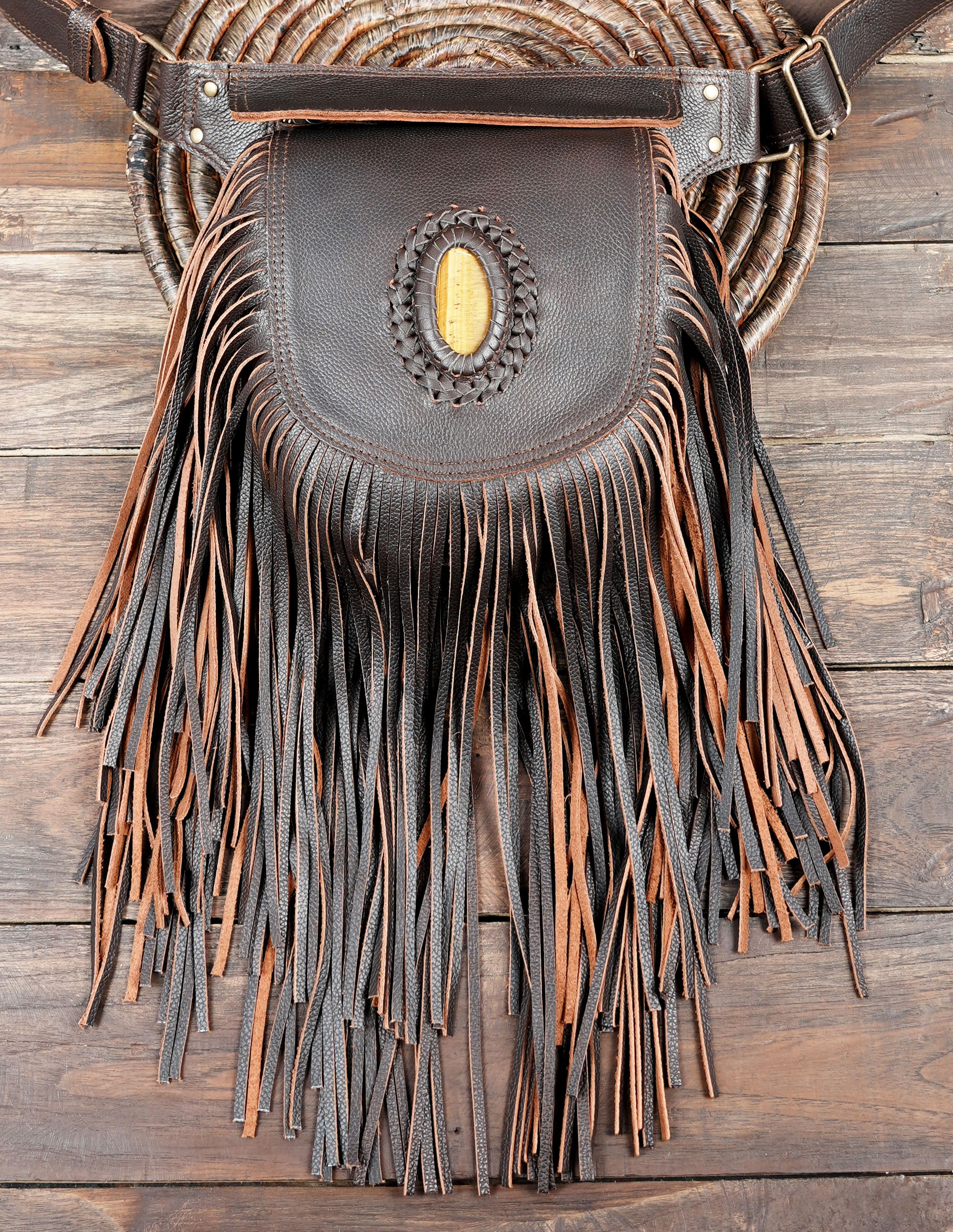 Women’s leather festival utility belt with fringe