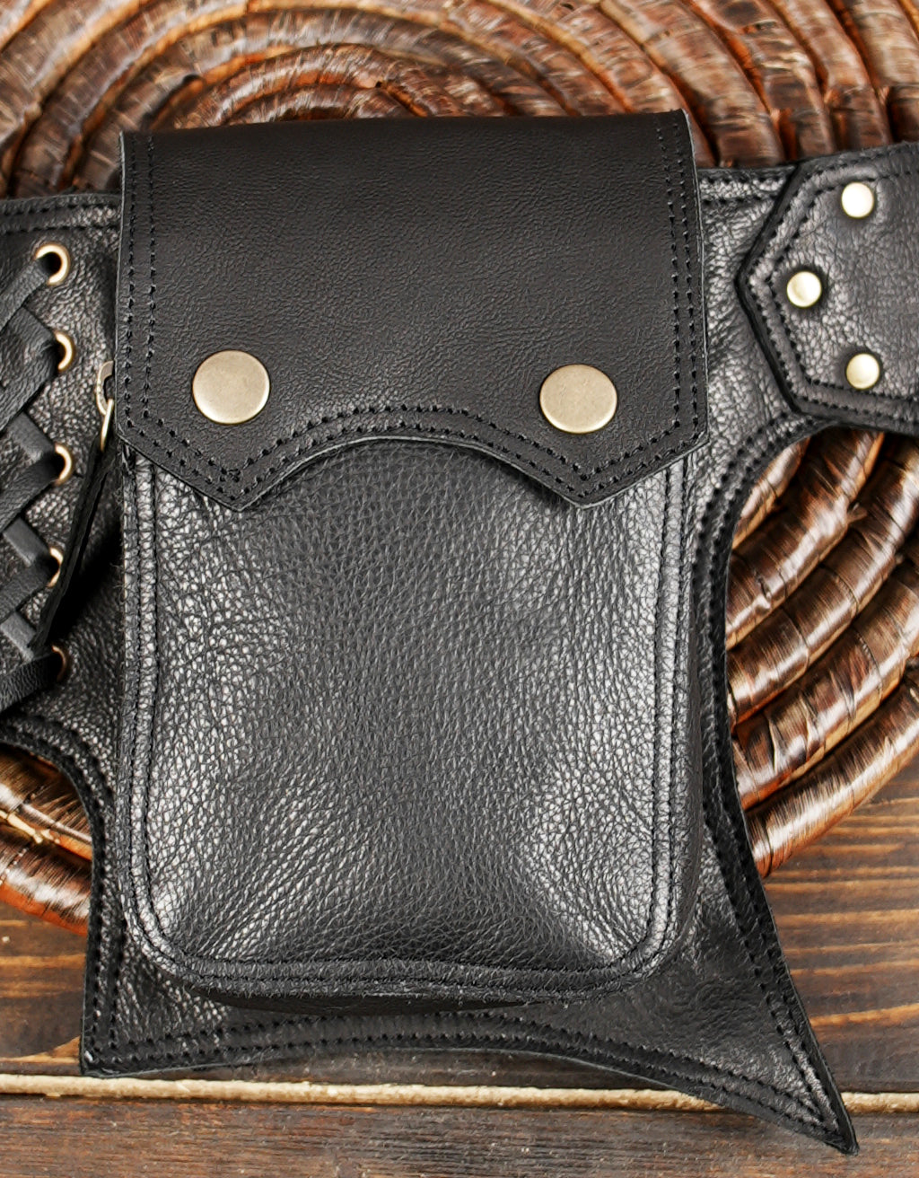 Artisan-made black leather festival belt bag for men and women