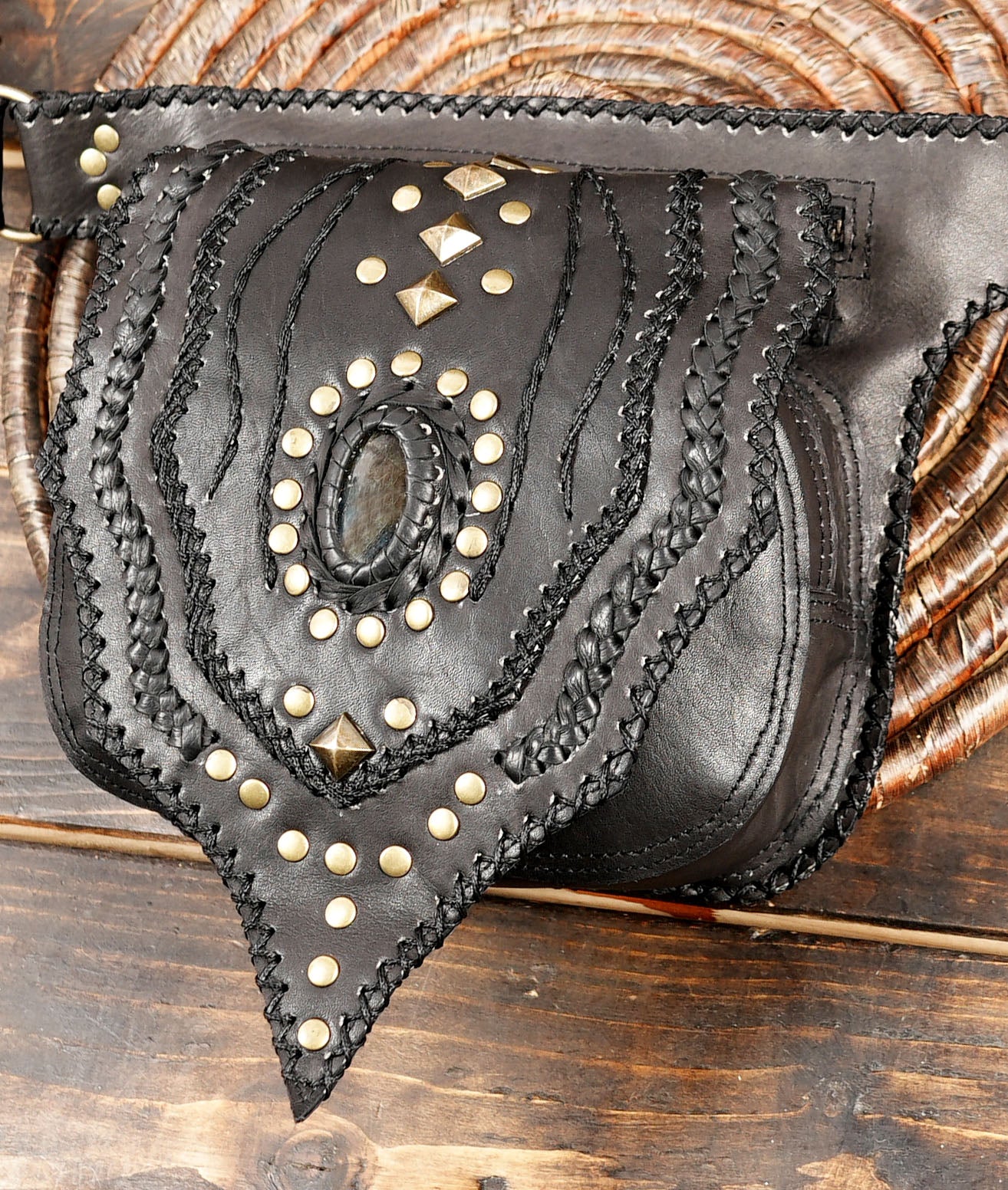 Artisan black leather fanny pack with gemstone detail
