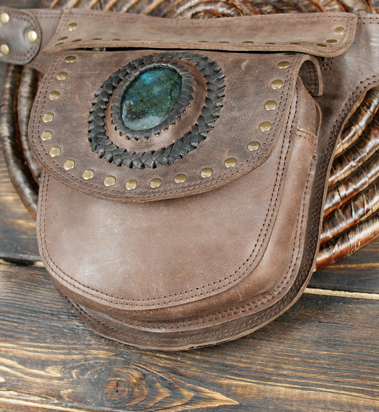 Handcrafted Leather Utility Belt: Bohemian Festival Style with gemstone 