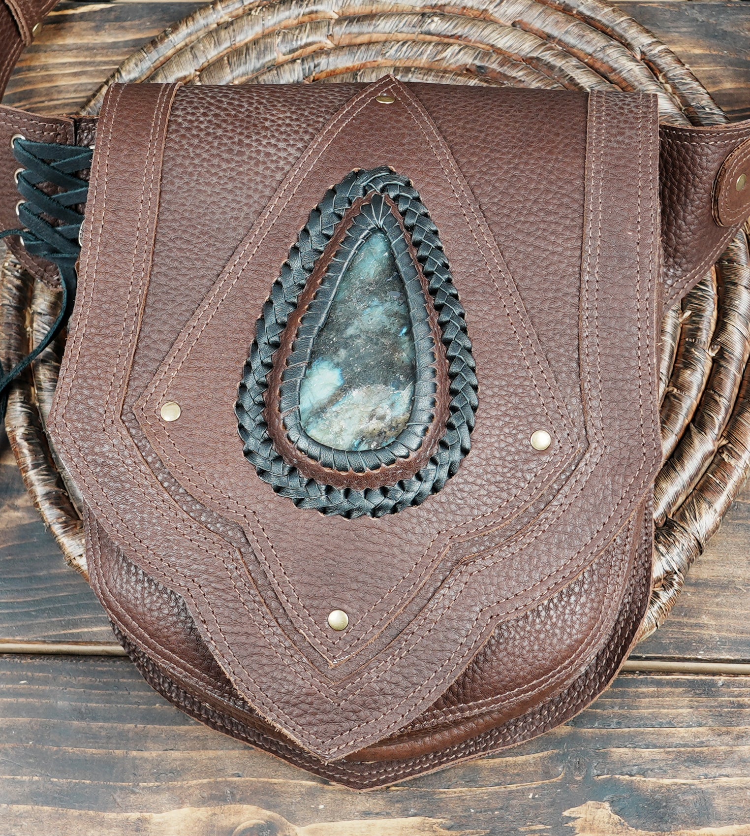 Handmade leather utility belt pouch with gemstone detail and adjustable strap