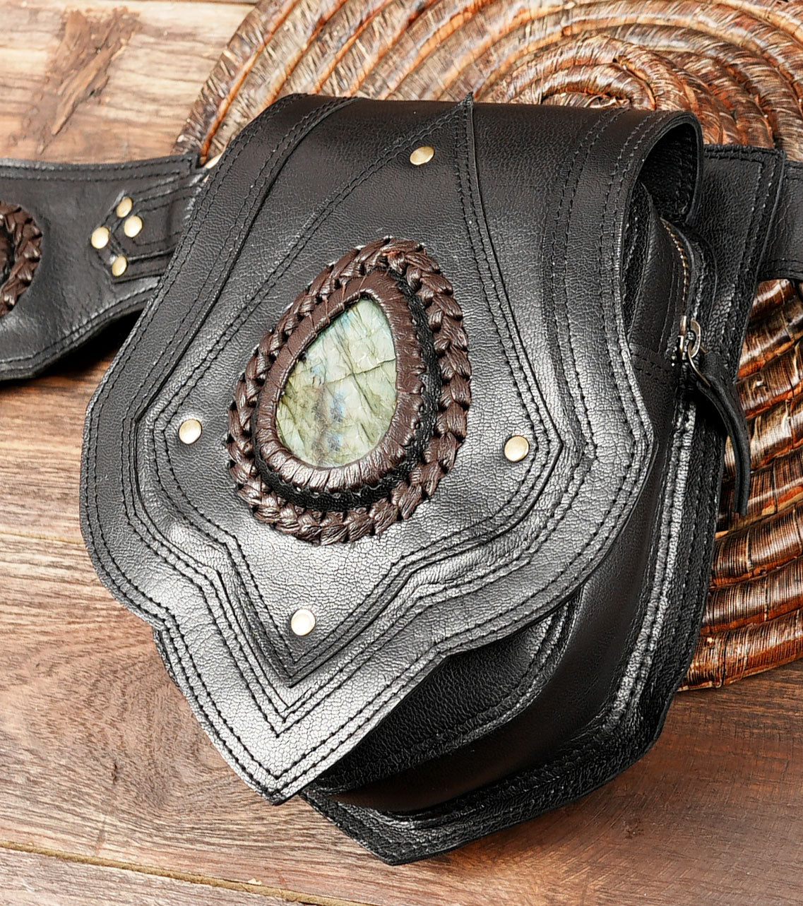 Western-inspired gemstone leather belt pouch for bikers and travelers