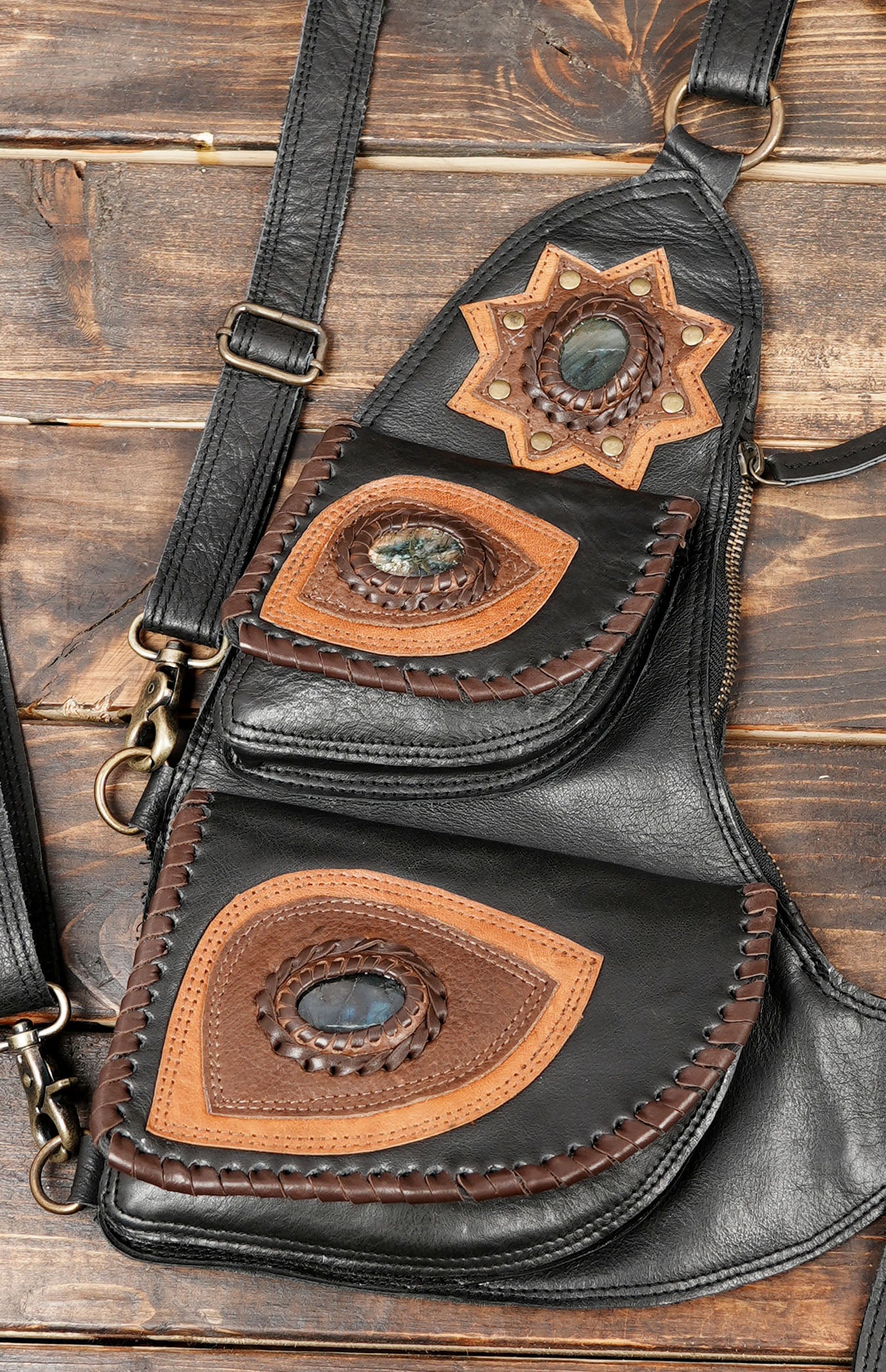 Dual Side Leather Holster with Stone Design – Burning Man & Renaissance Fair Accessory