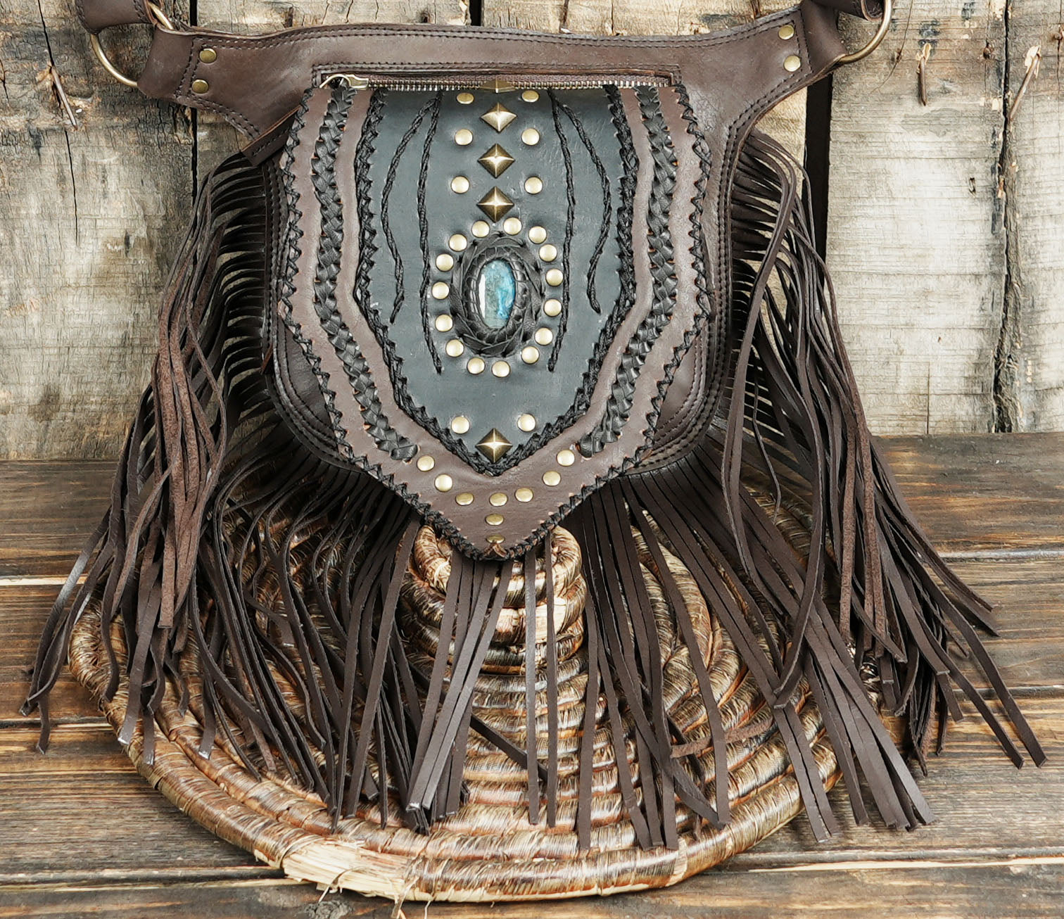Bohemian leather fringe belt bag for concerts and travel