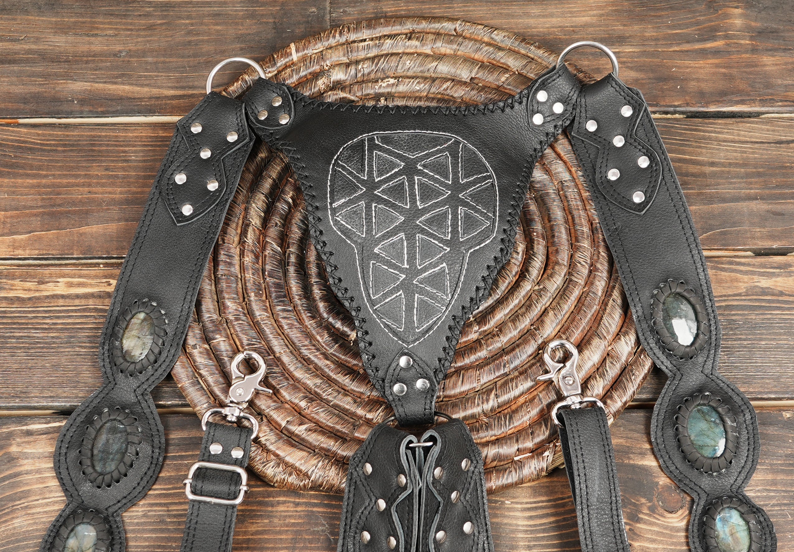 Handmade fantasy-style leather holster harness with twin detachable pockets