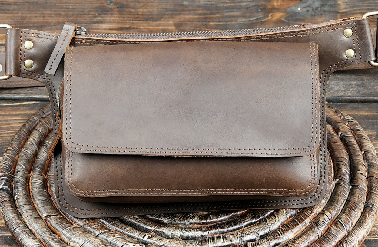 Buy Handcrafted Leather Utility Belt: Boho Fashion Waist Bag Online in usa with brown combination 