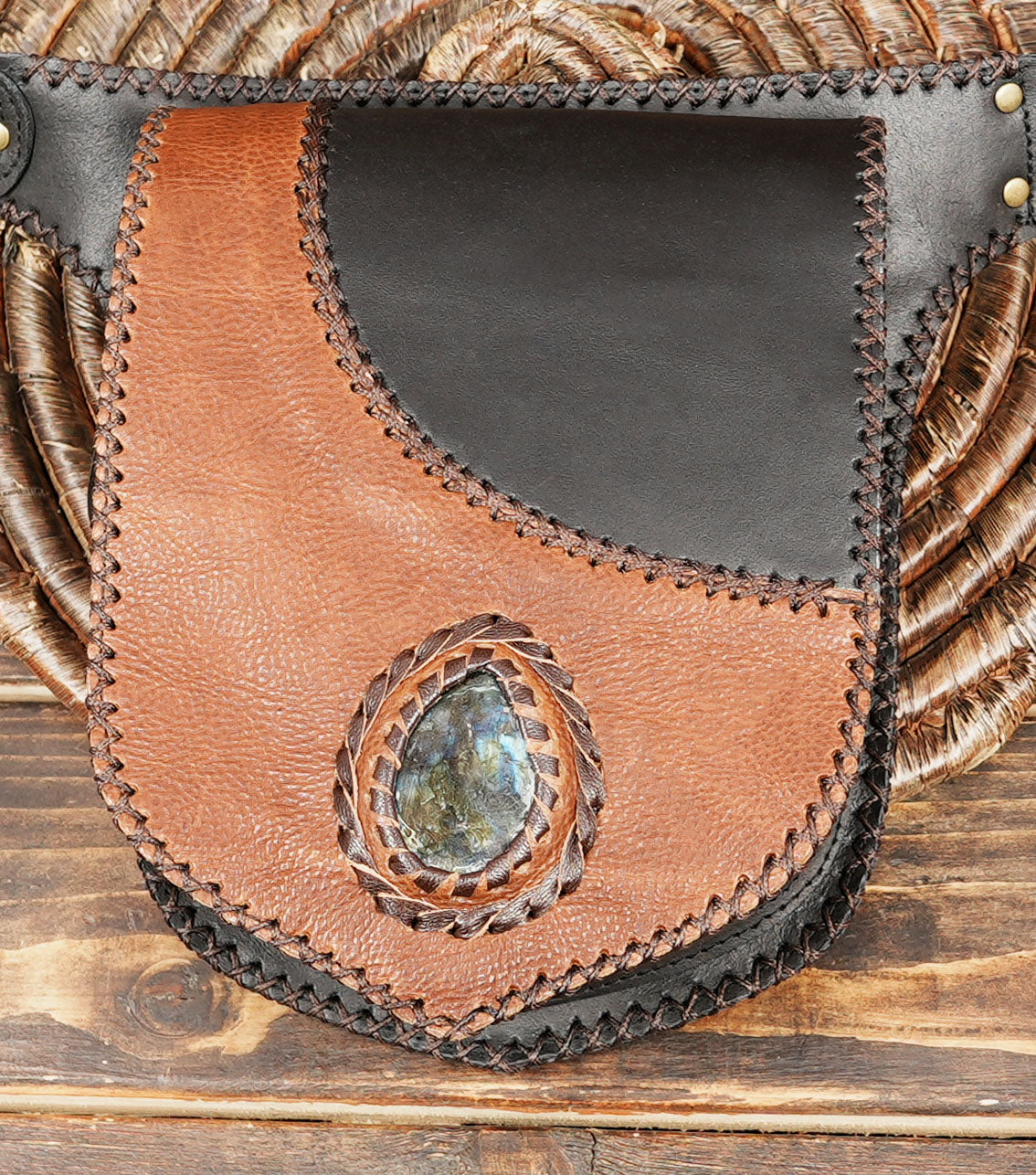 Two-Tone Leather Waist Belt with Gemstone (LT-AB-WB-6207)