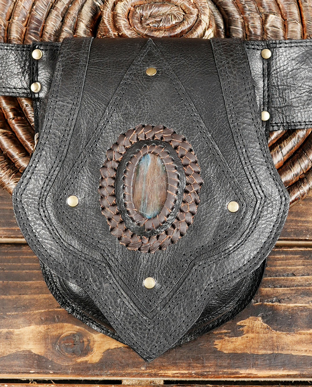 Brown Tribal Leather Waist Belt with labradorite gemstone – Gothic Boho Hip Bag with Stone Accents  (LT-AB-WB-6080)