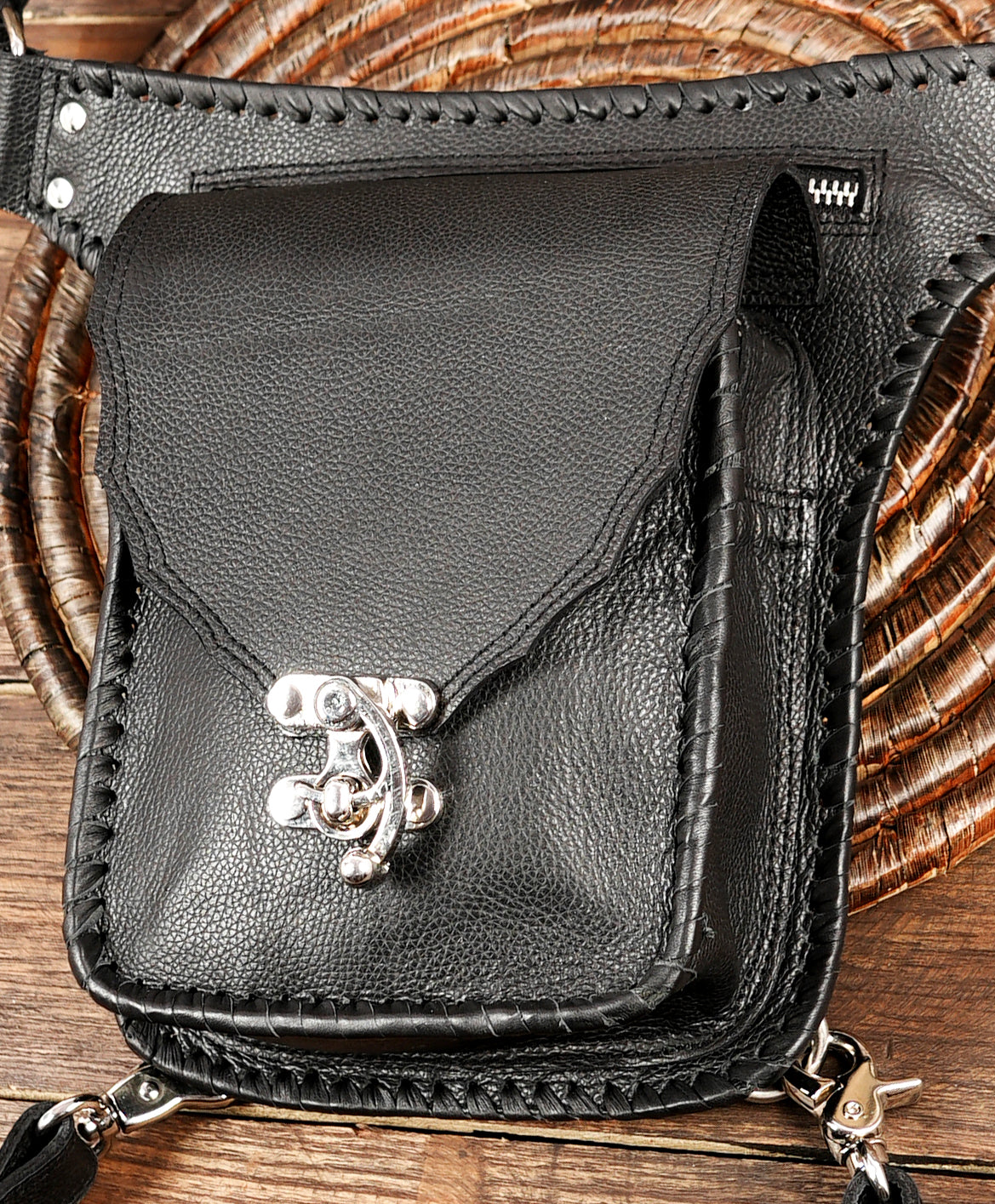 Handmade Black Leather waist Belt Bag: Festival Hip Pouch with steel lock 