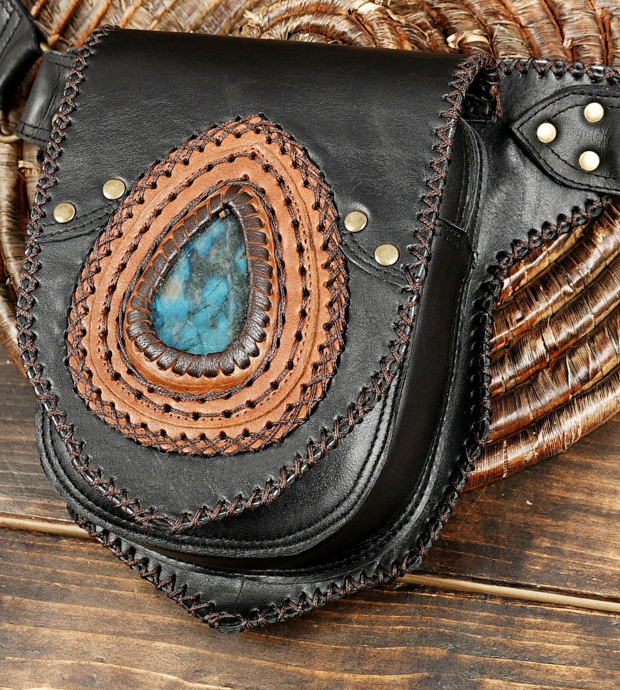 Handmade Leather Belt Bag: Gemstone Accent, Festival Fanny Pack