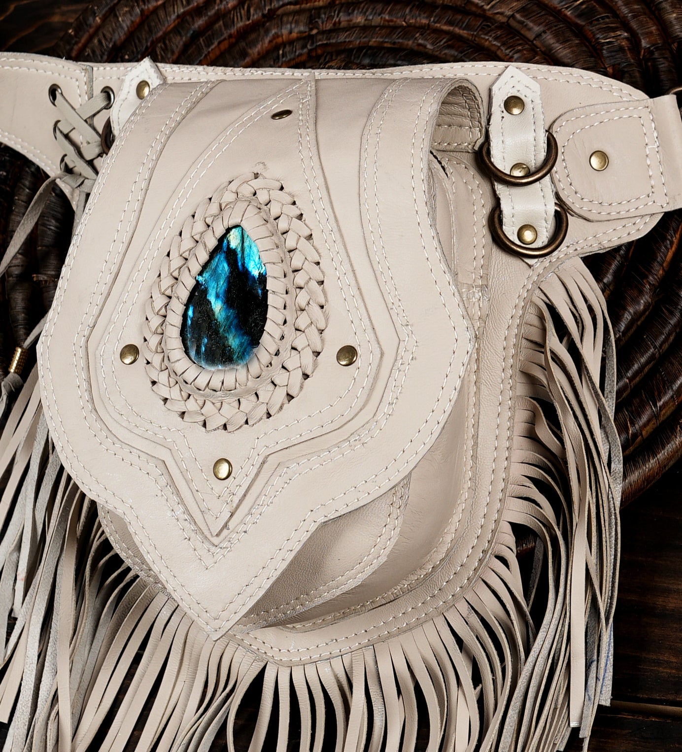 Adjustable boho waist belt bag with gemstone accent