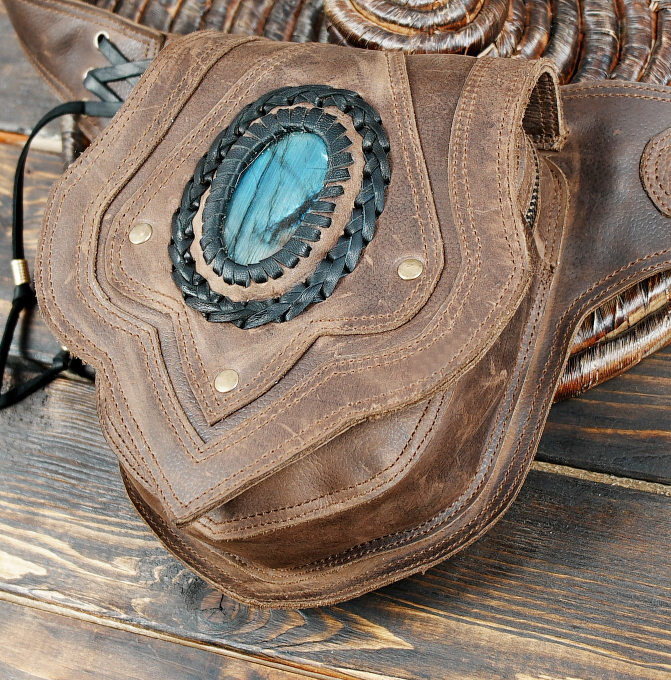 Leather Hip Bag with Gemstones, Renaissance Style Leather Pouch ,Pouch with Gemstone, Leather FannyPack, Music Festival Bag, Crossbody Bag with metal zipper 