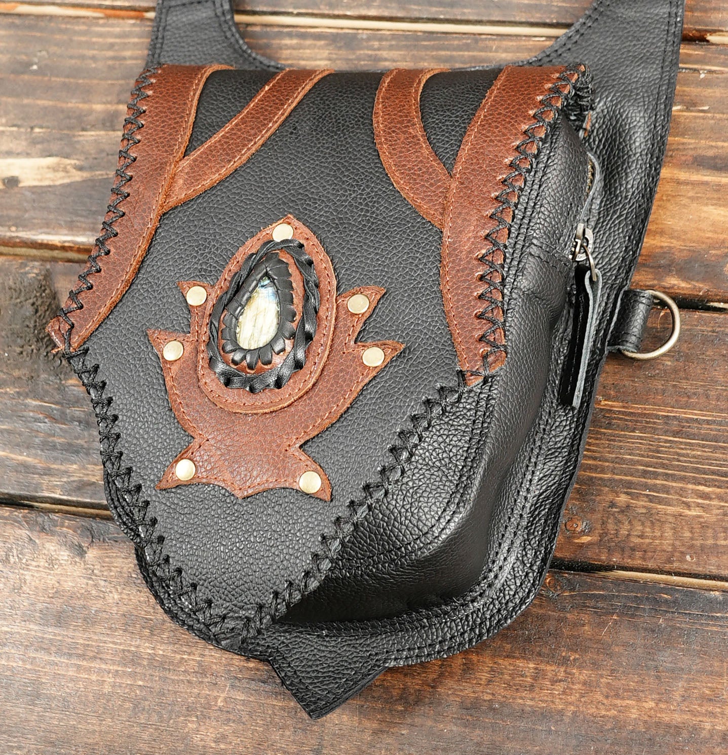 Buy Handmade Leather Holster Belt With Dual Utility Pouches, Steampunk Festival Leather Harness Belt with creativity brown color 