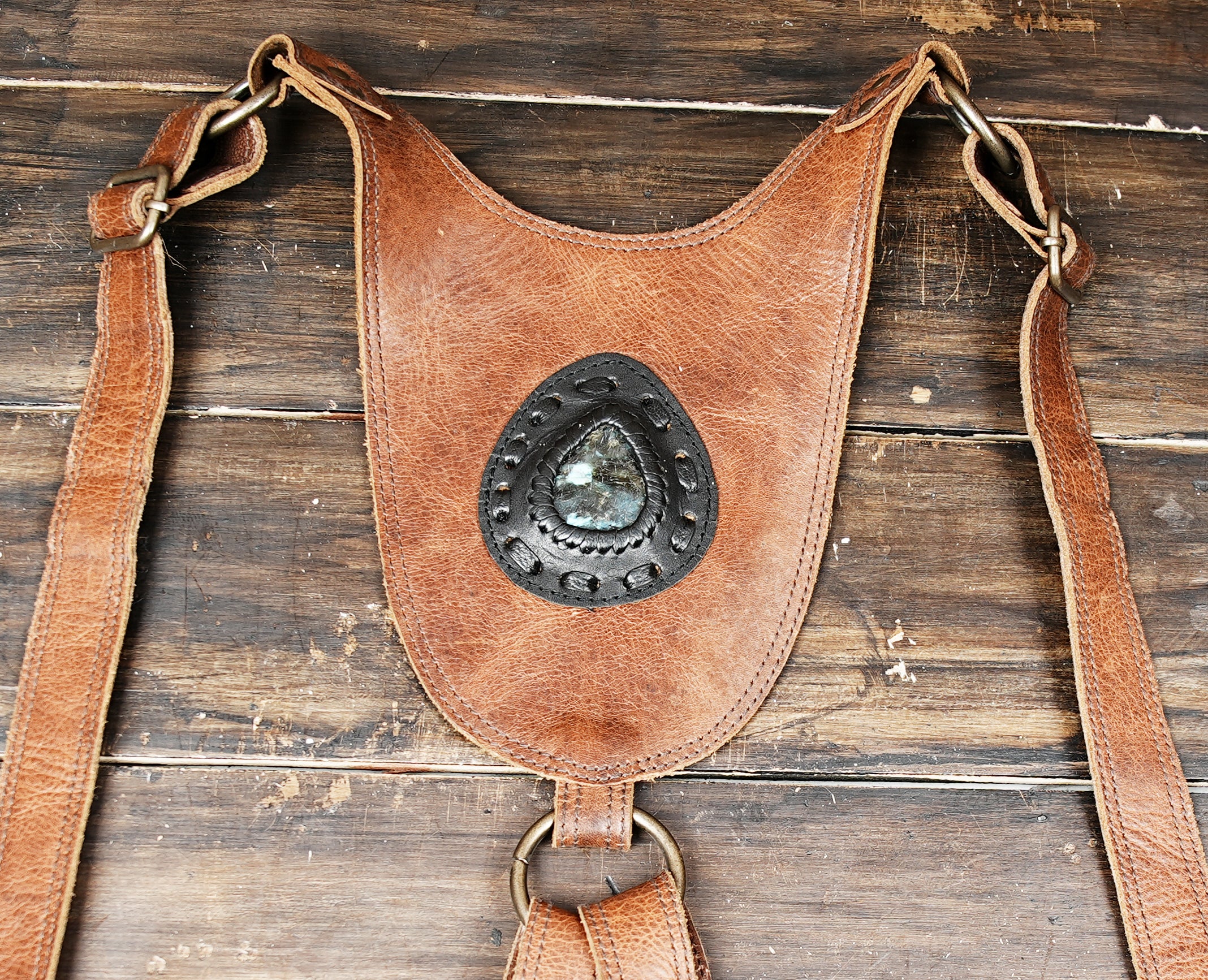 Dual pocket holster bag with antique brass clasp and adjustable leather straps