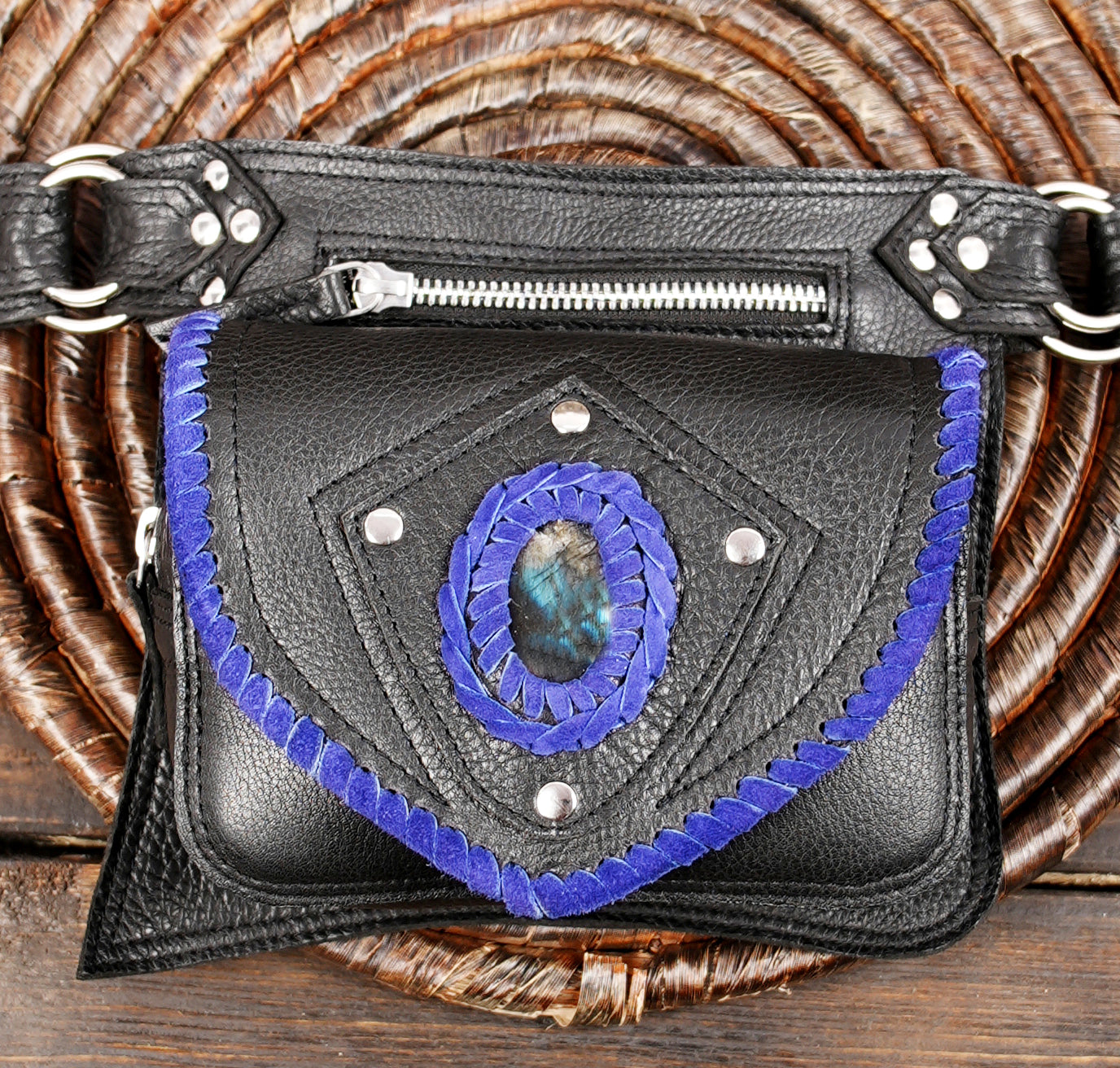 Rock and roll inspired leather waist bag with stone inlay