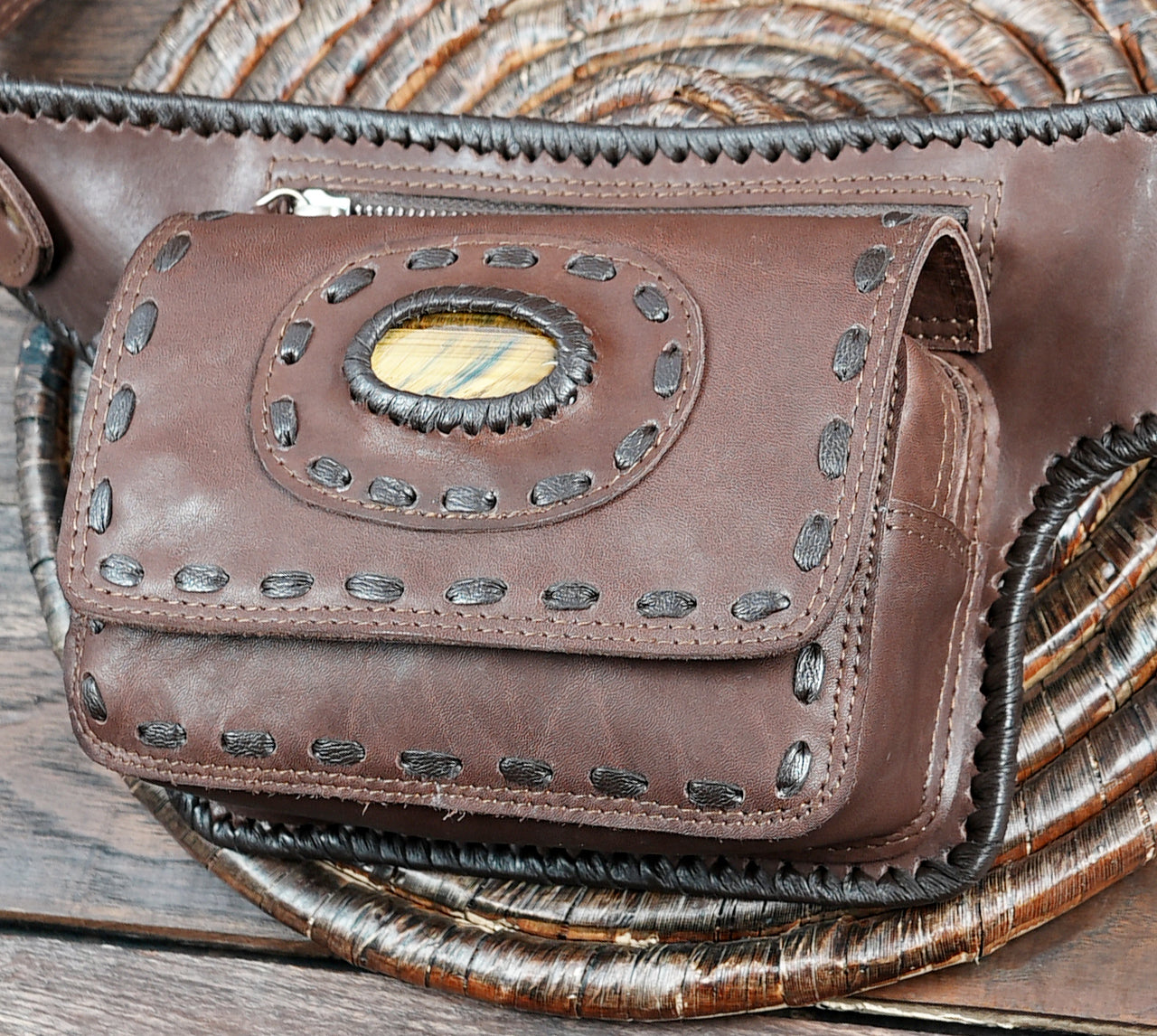 Buy Handmade Leather Belt Bag: Gemstone Accent, Festival Fanny Pack with zipper pocket 