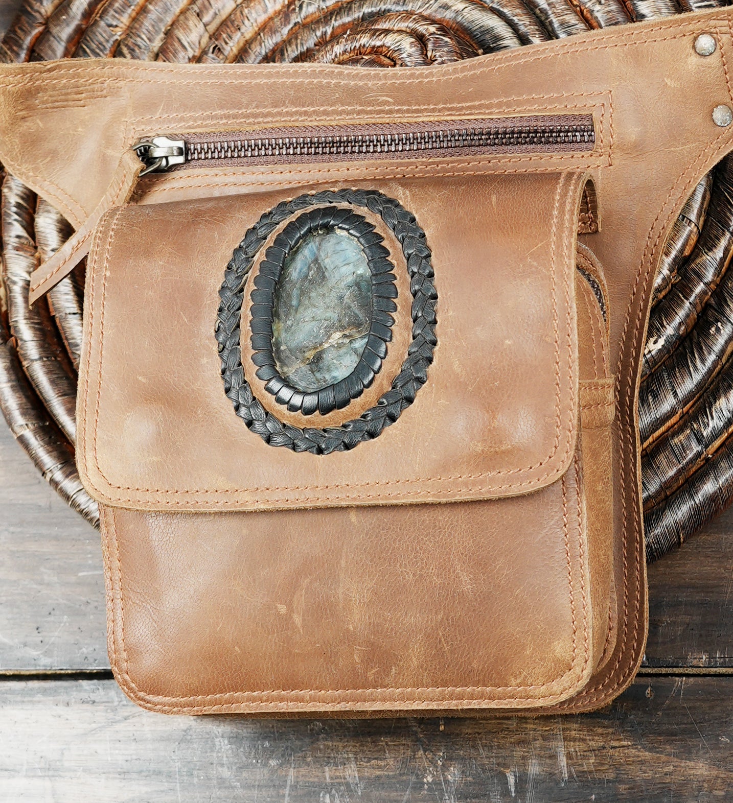 Handmade Leather Belt Pouch with Labradorite Gemstone