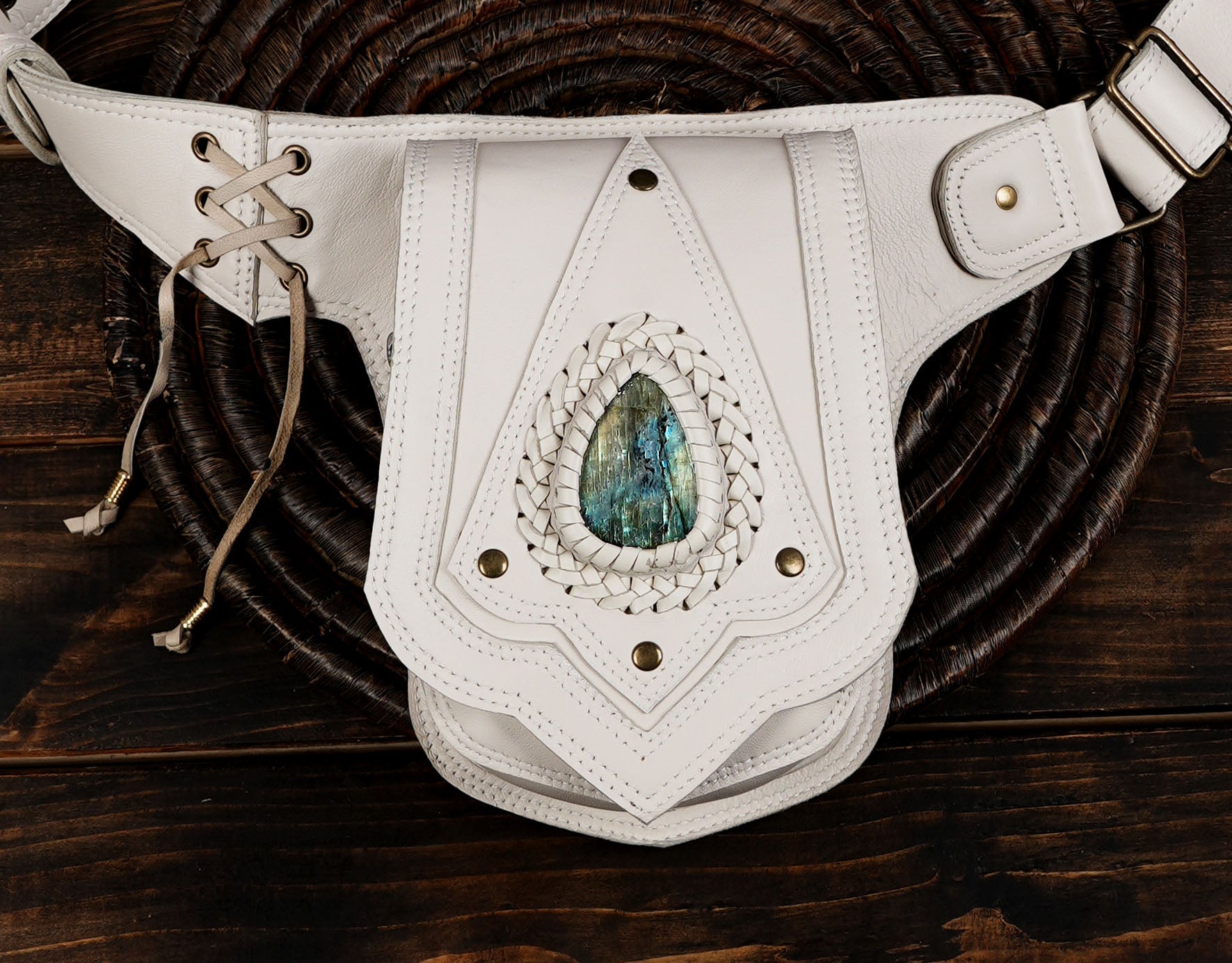 Handmade Leather Belt Bag: Labradorite Gemstone Pocket, Unisex Hip Pack with metal design 