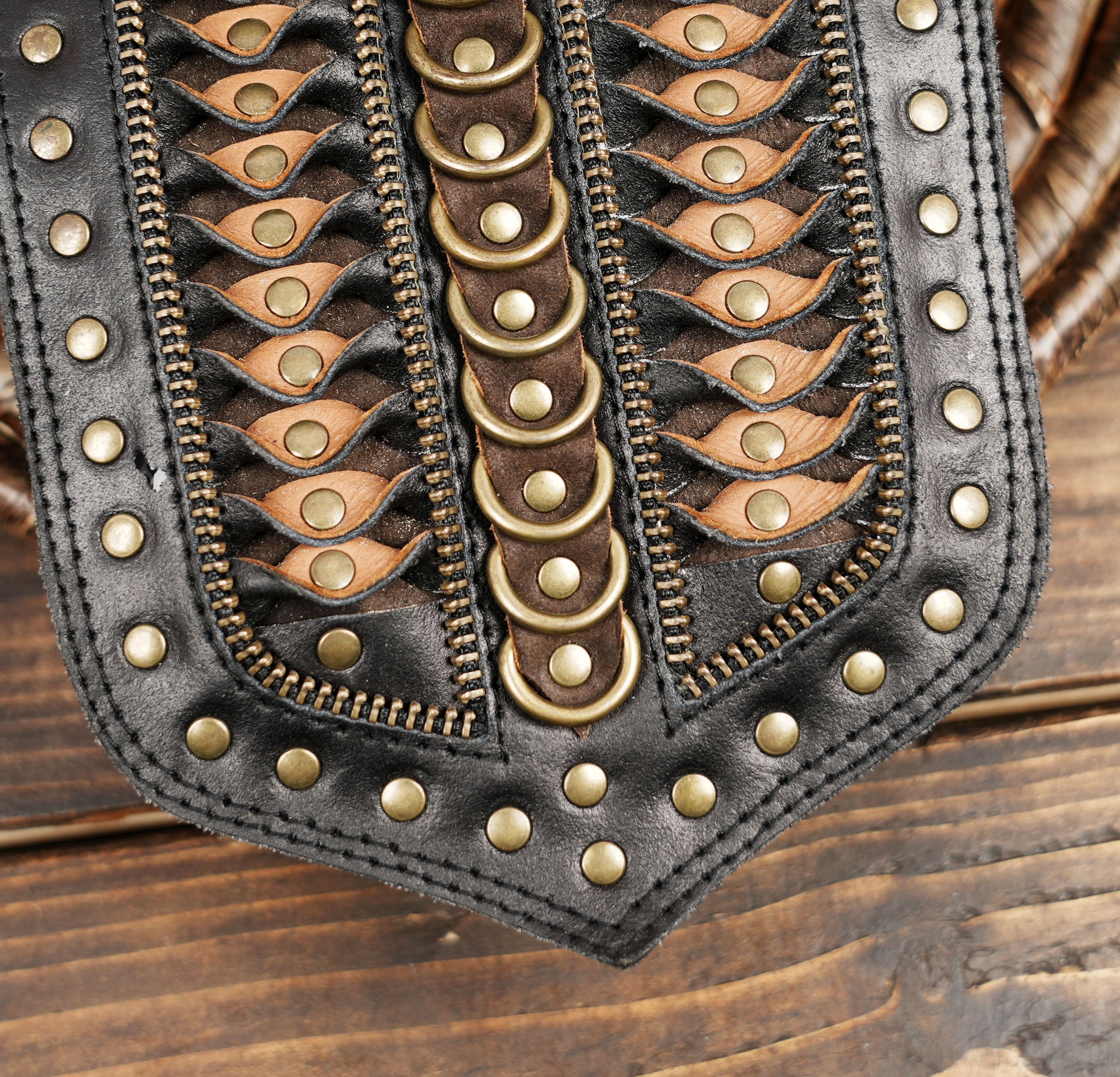 Men’s festival leather waist bag styled with black cargo pants