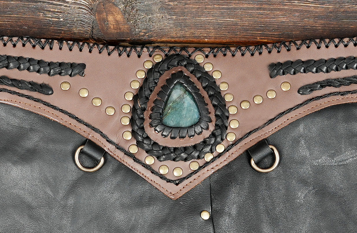 Boho Leather Skirt with Crochet Lace and Tribal Gemstone Accent”