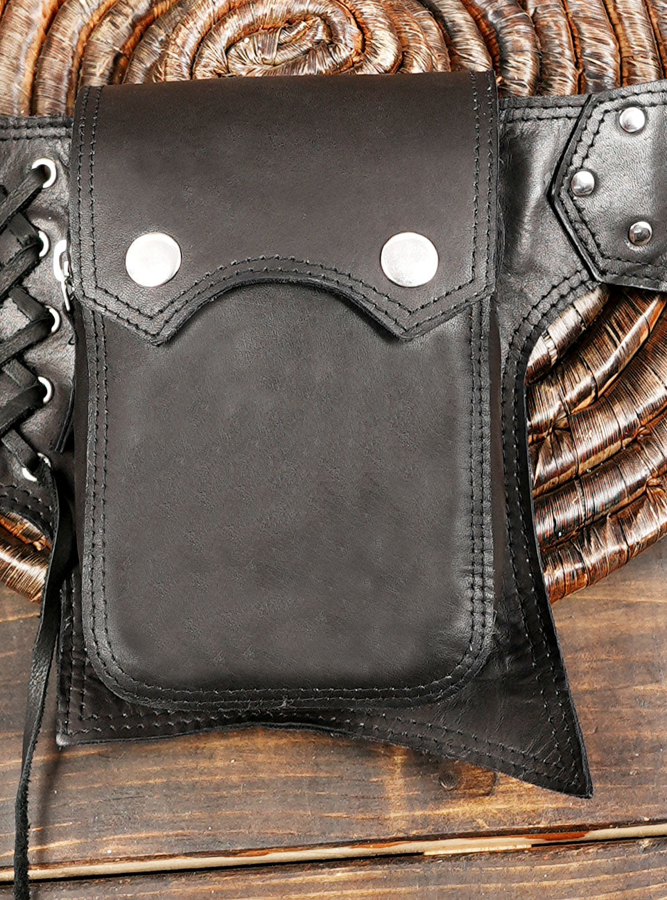 Adjustable black leather hip belt with storage pouches