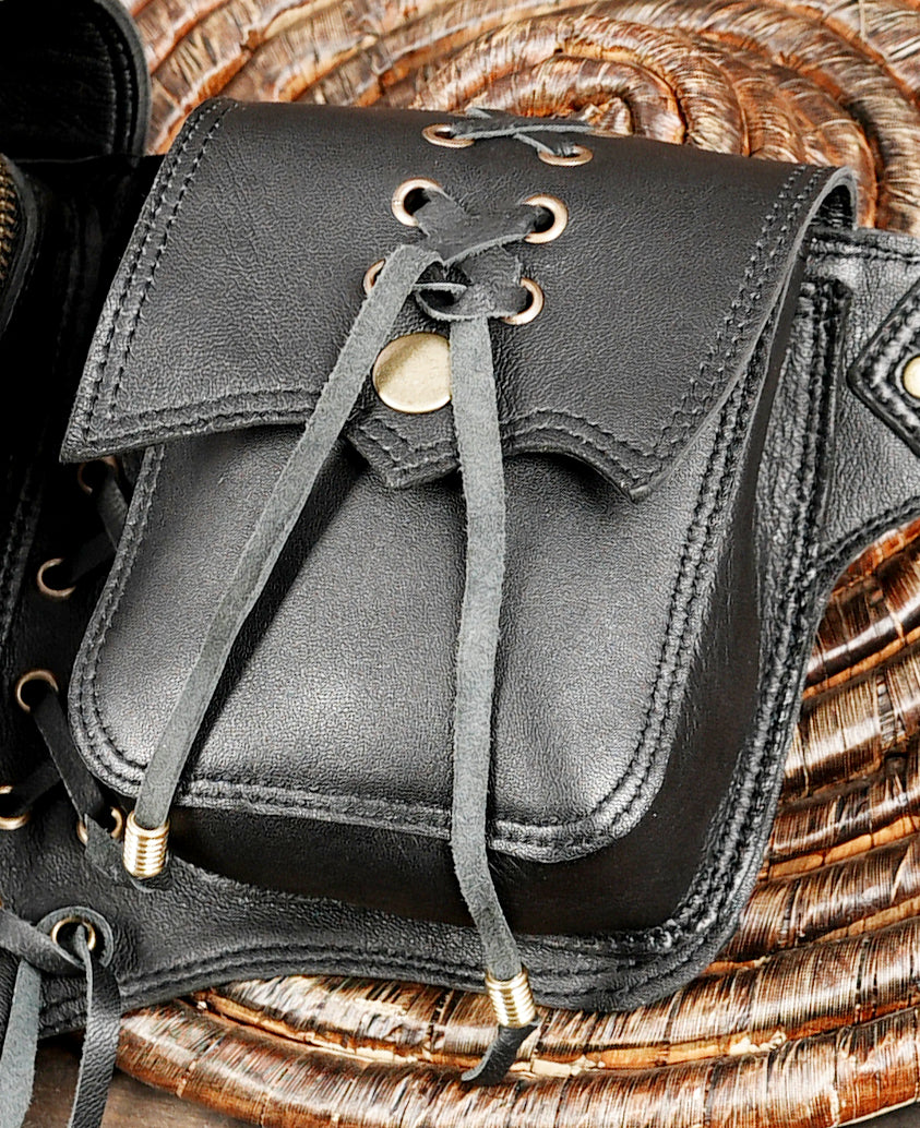 Black leather hip belt bag for concerts and events