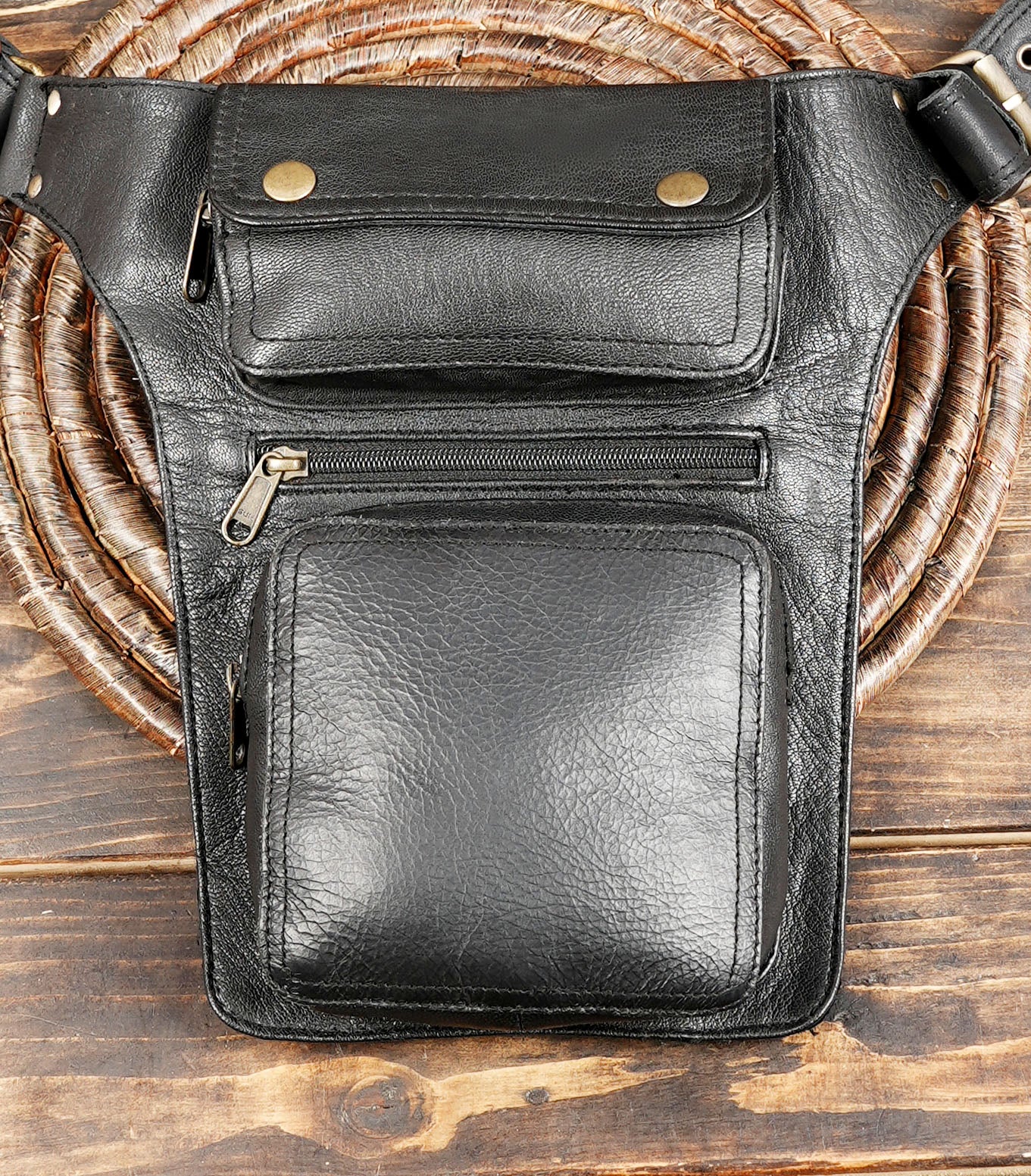 Handmade Black Leather Waist Bag – Festival, Burning Man, Biker & Daily Use