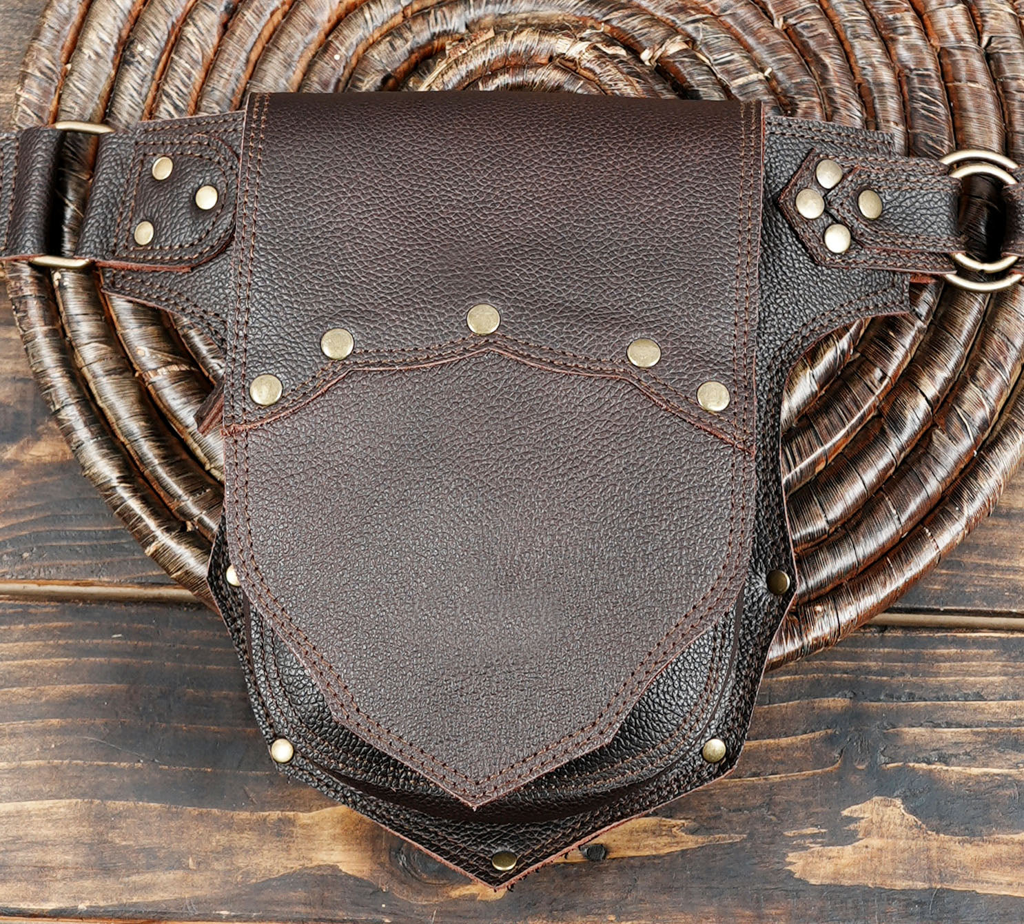 Double pocket leather waist pack open showing compartments
