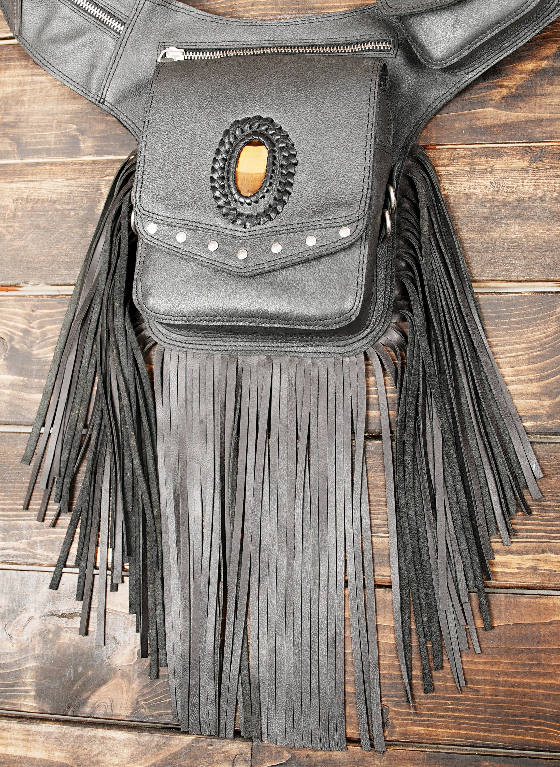 Handmade Black Leather Fringe Waist Bag: Labradorite Gemstone Belt Pouch with gemstone 