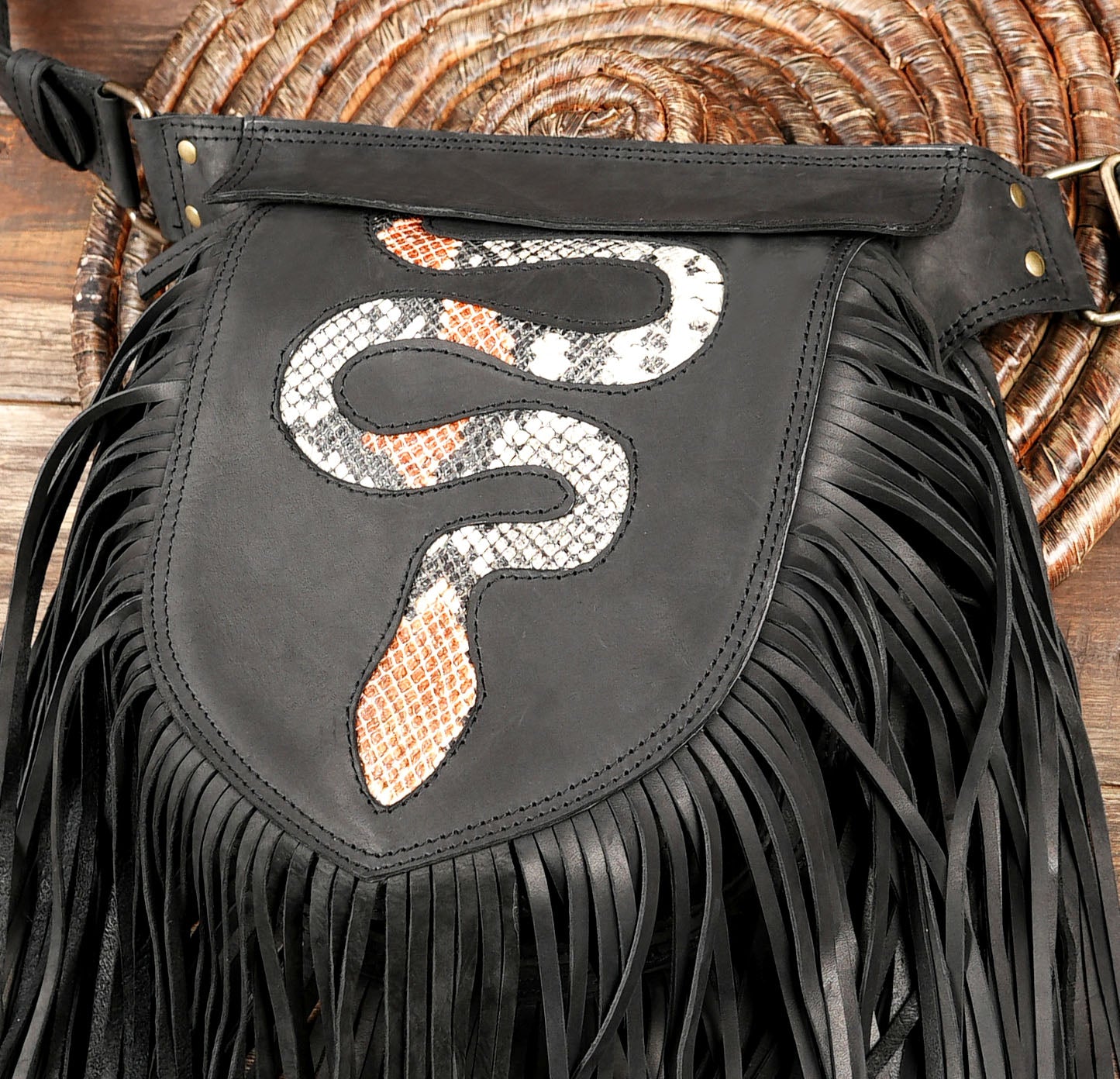Handmade Black Leather Fringe Belt Bag: Festival Hip Pouch with snack desgin 