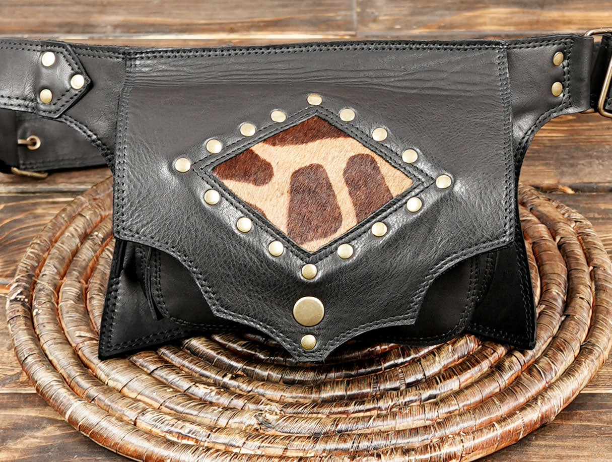 Vintage black leather waist belt bag with brass hardware