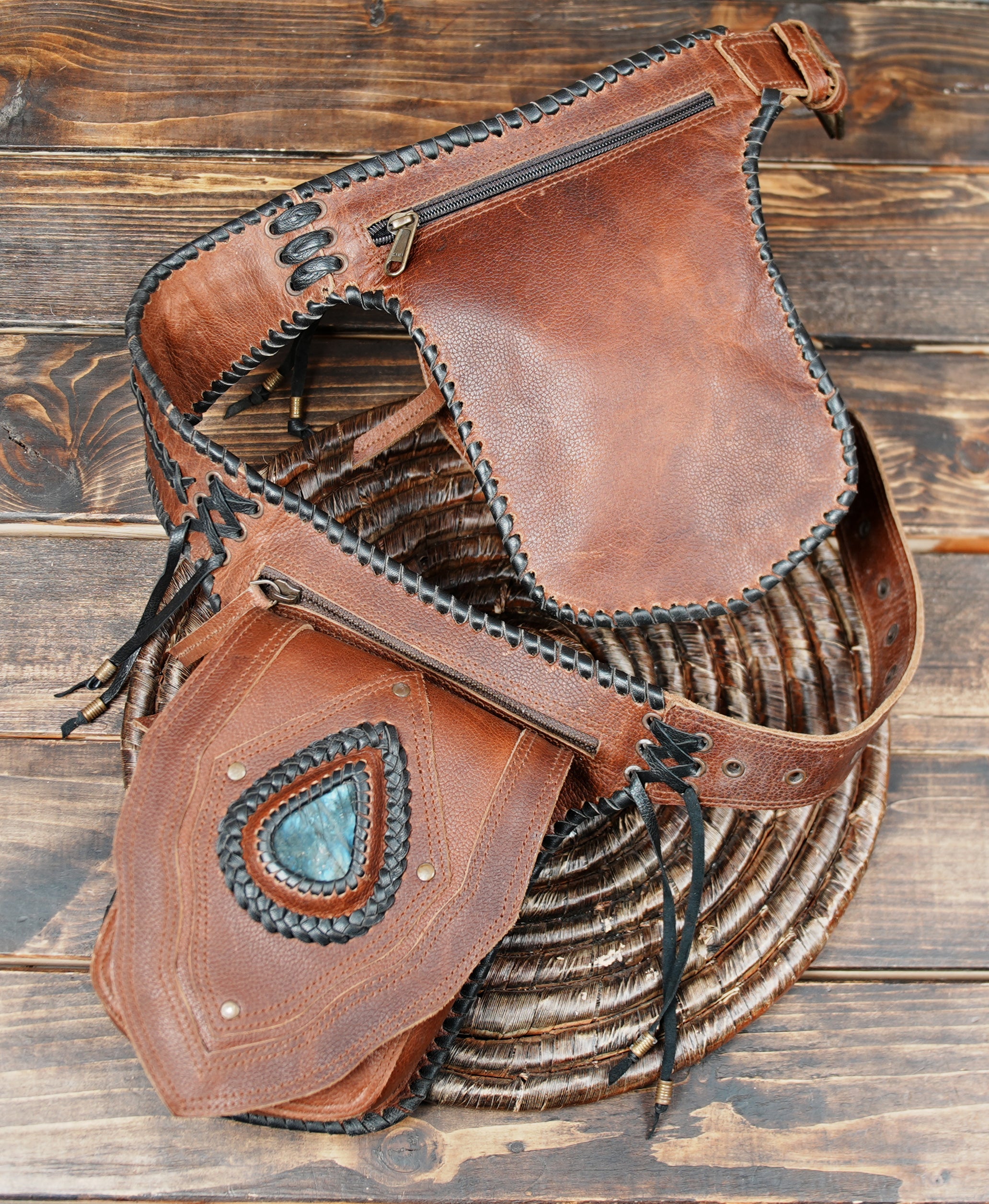 Unisex Leather Waist Bag with Dual Pouches – Steampunk & Gothic Fashion