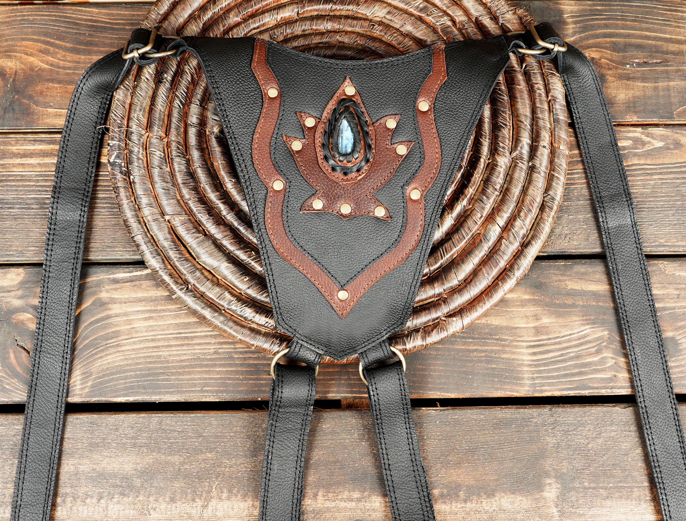 Handcrafted Leather Holster Bag – Dual Pouch, Adjustable Straps, Unisex with gemstone 
