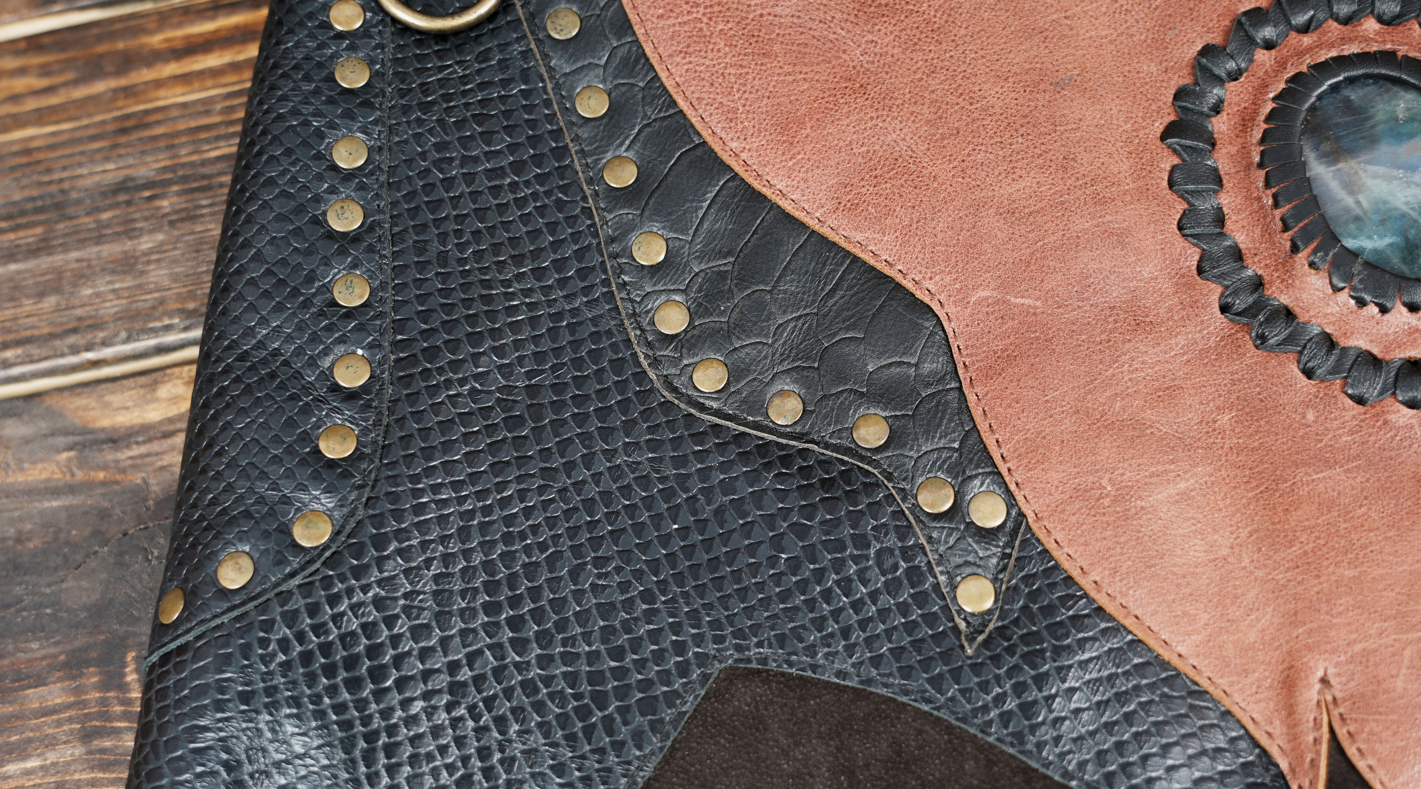 Genuine leather skirt belt with brass studs and gemstone detail