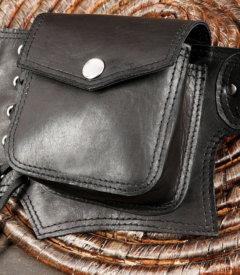 Panashe Leather Waist Bag - Black Utility Belt Pouch with Free Size Fit and Adjustable Strap with pocket 