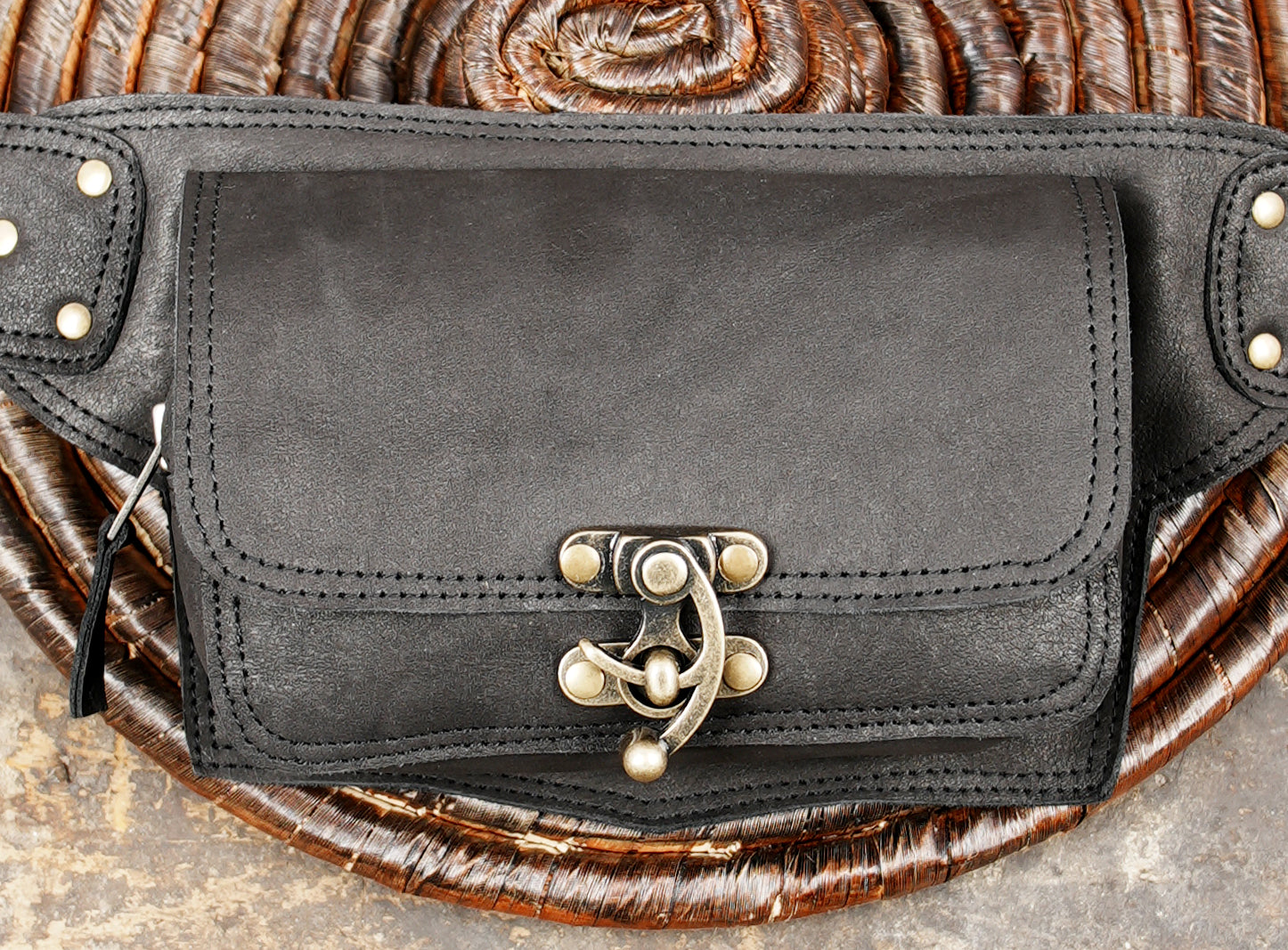 Black leather belt bag with adjustable strap