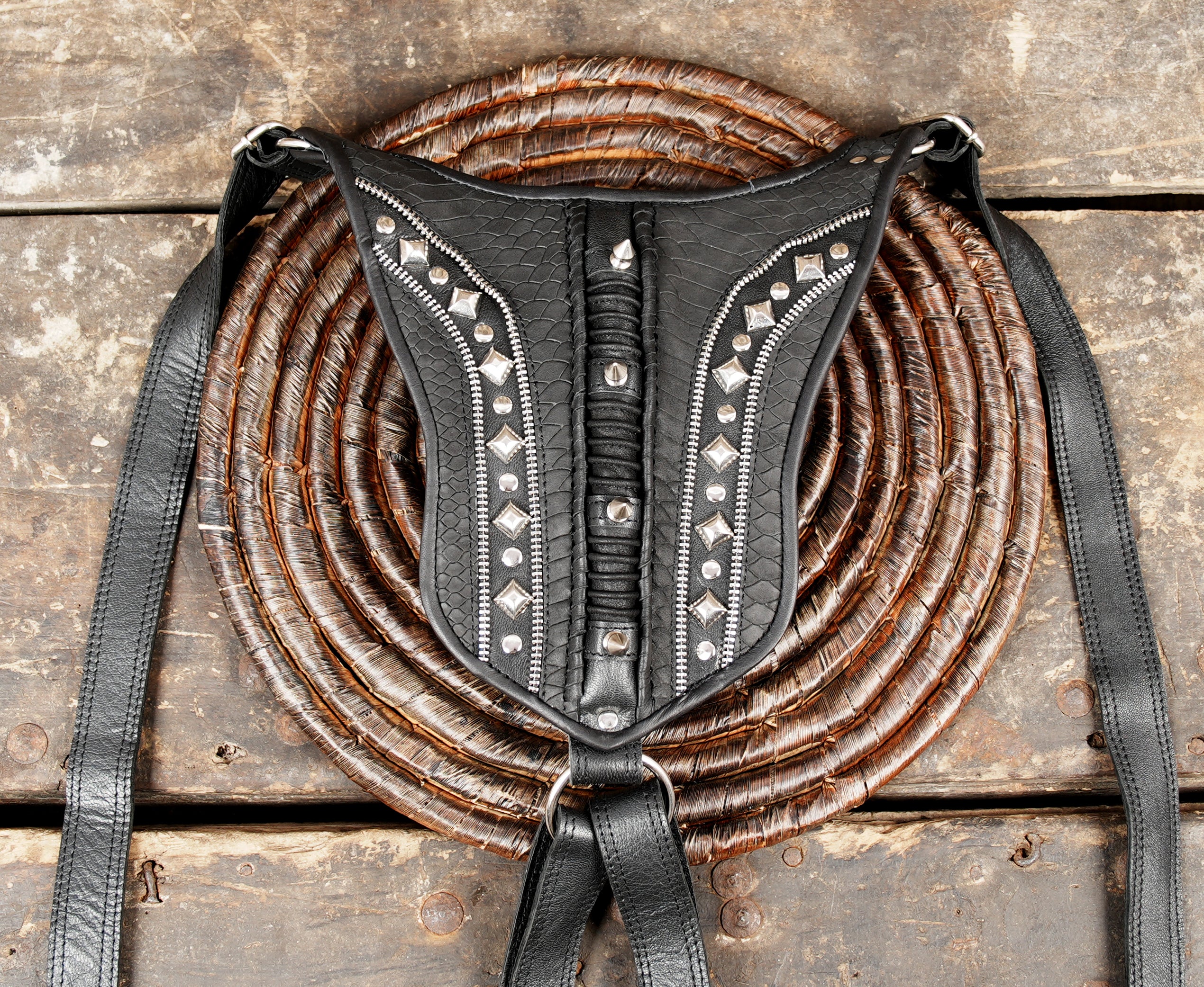 Steampunk-inspired harness bag for men