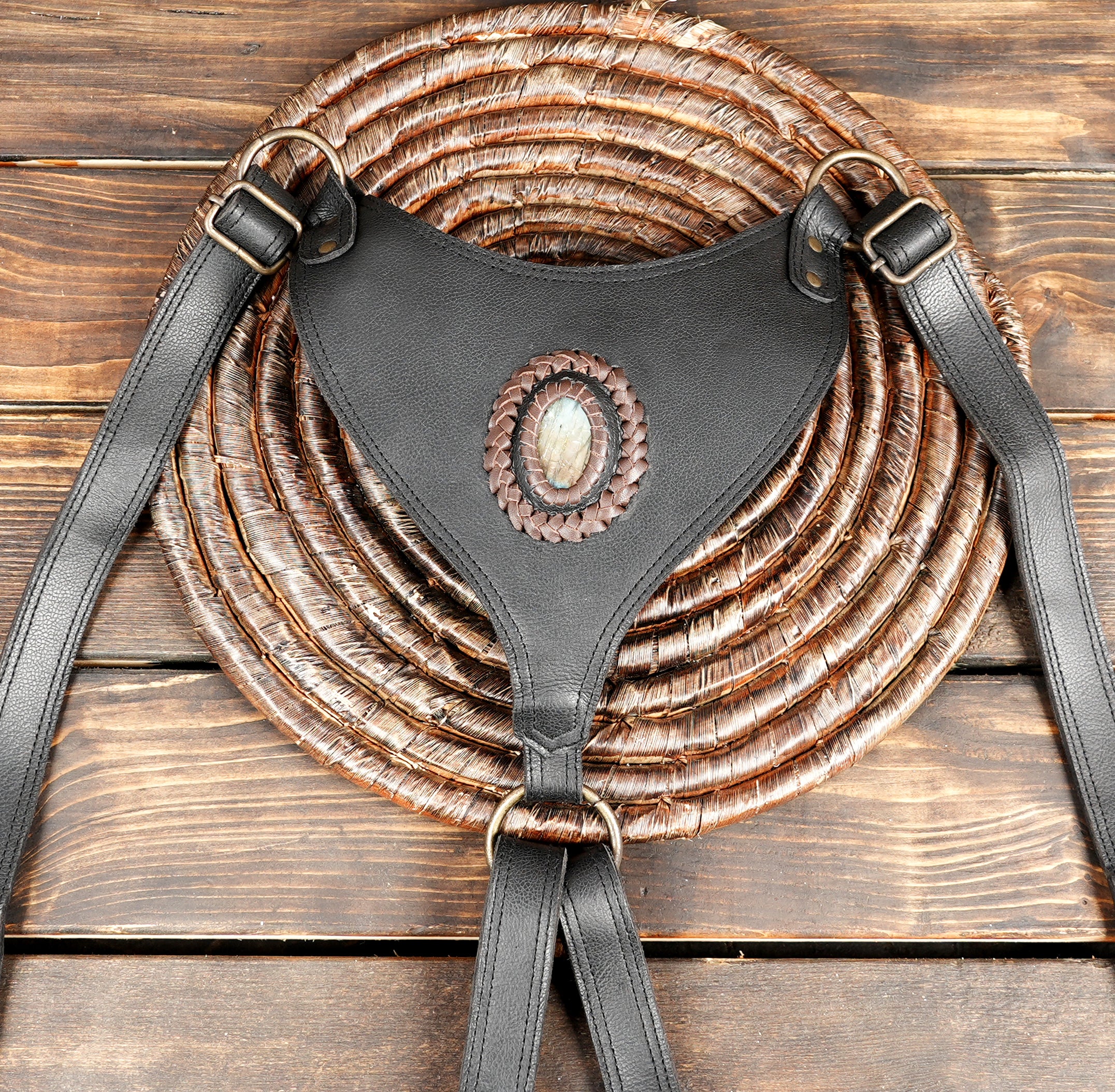 Black Holster Bag | Leather Shoulder Harness Bag | Cosplay Leather Festival Bag | Mobile Phone Bag Adjustable Buckles  with gemstone 